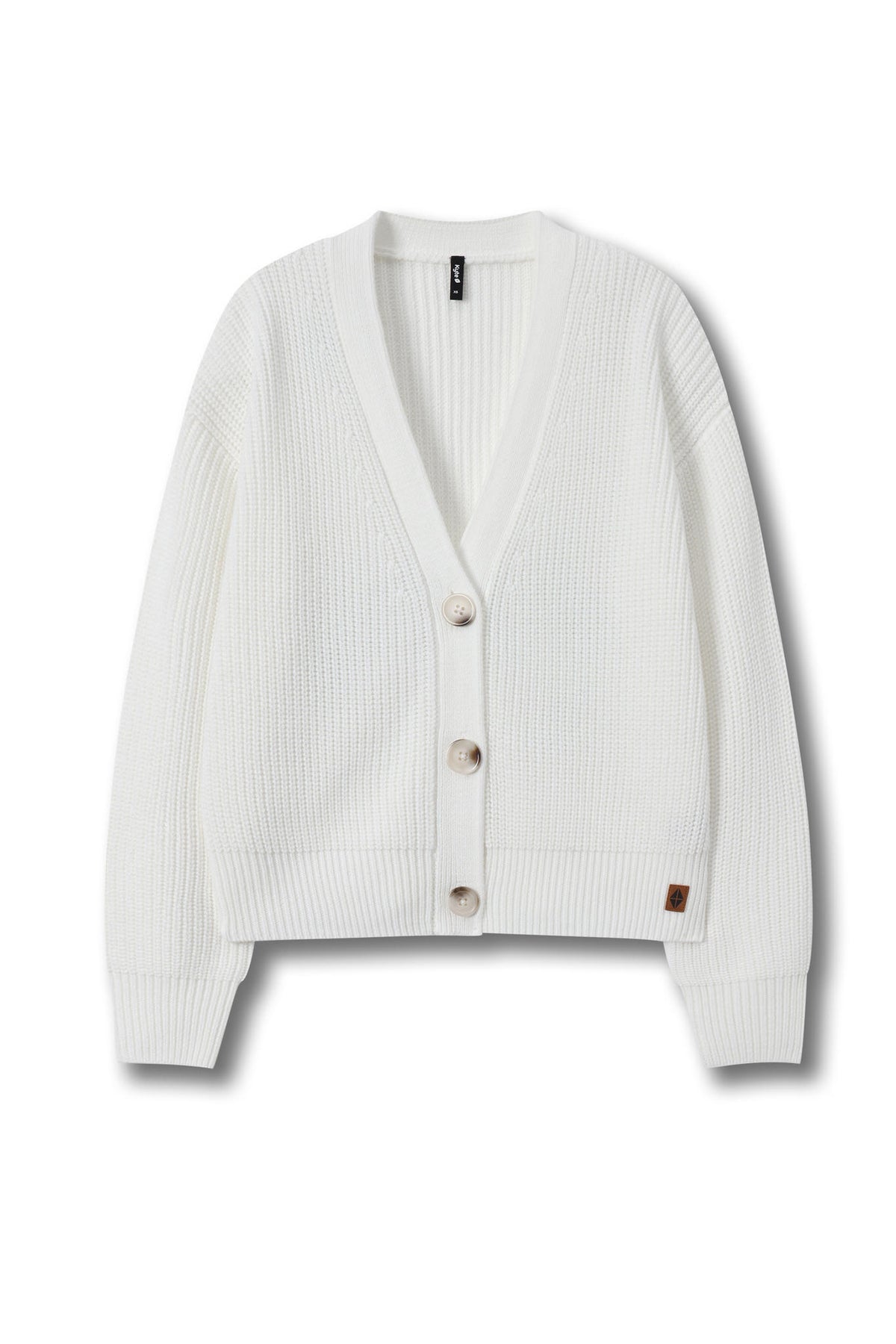 An off-white ribbed knit cardigan sweater with a V-neck, three front buttons, and a small brown brand tag near the lower right hem, displayed on a clean white background.