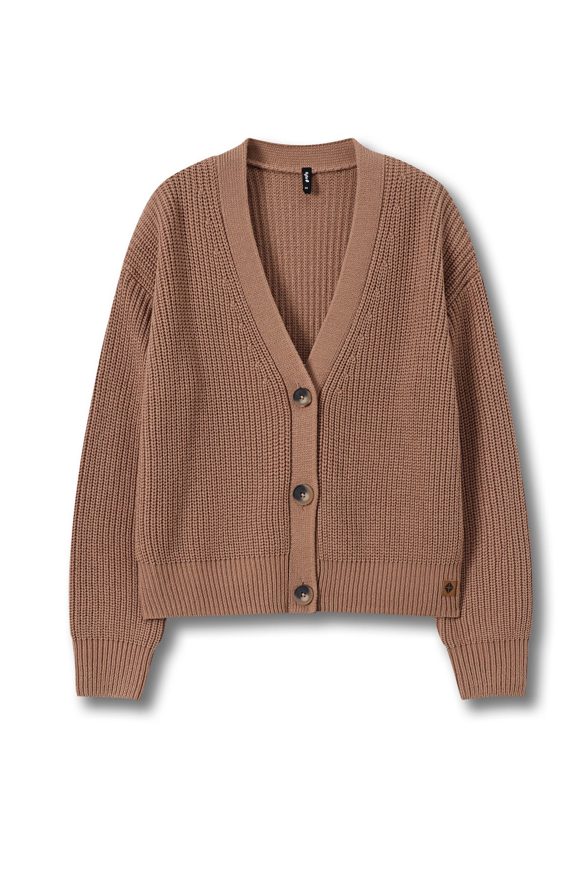 A cropped, long-sleeve ribbed knit cardigan in a warm taupe-brown color, featuring a V-neck, dark brown buttons, and a small embroidered logo on the lower left hem, displayed against a clean white background.