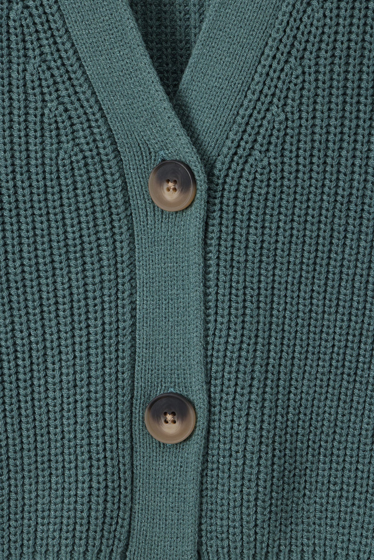 Close-up of a teal green ribbed knit cardigan sweater showing the button placket with two dark brown buttons.