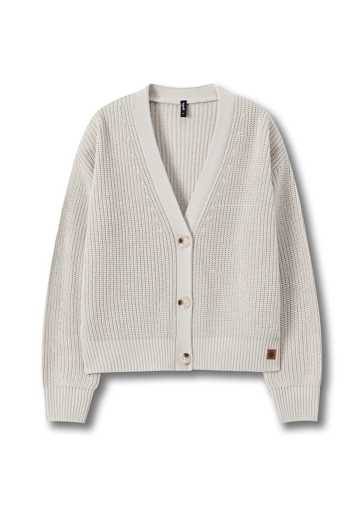 A cream-colored ribbed knit cardigan sweater with a V-neck, three-quarter sleeves, and a button-up front, shown against a plain white background.