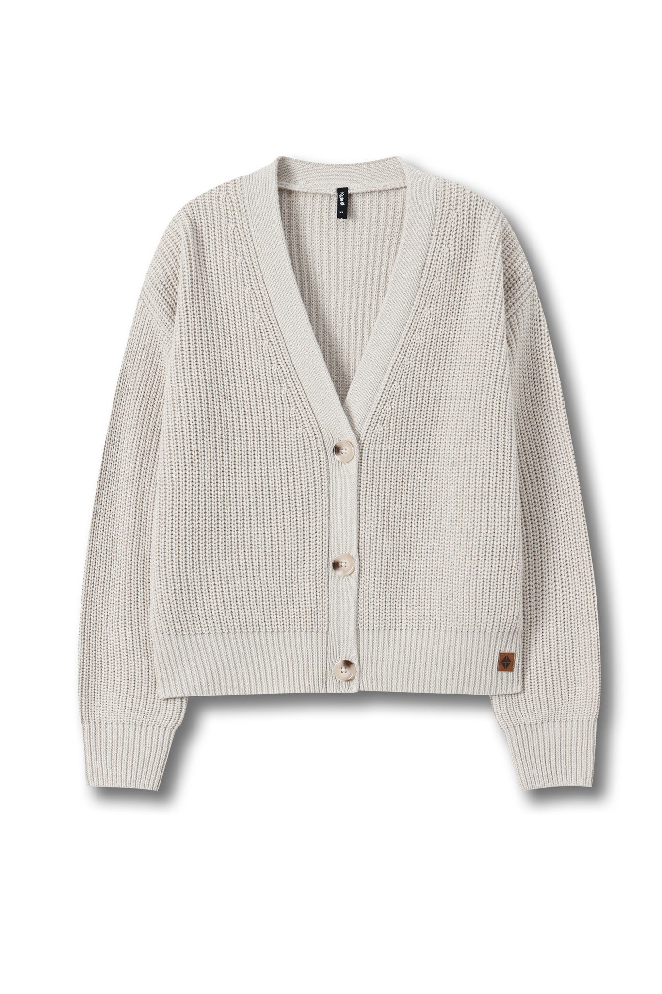 A cream-colored ribbed knit cardigan sweater with a V-neck, three-quarter sleeves, and a button-up front, shown against a plain white background.