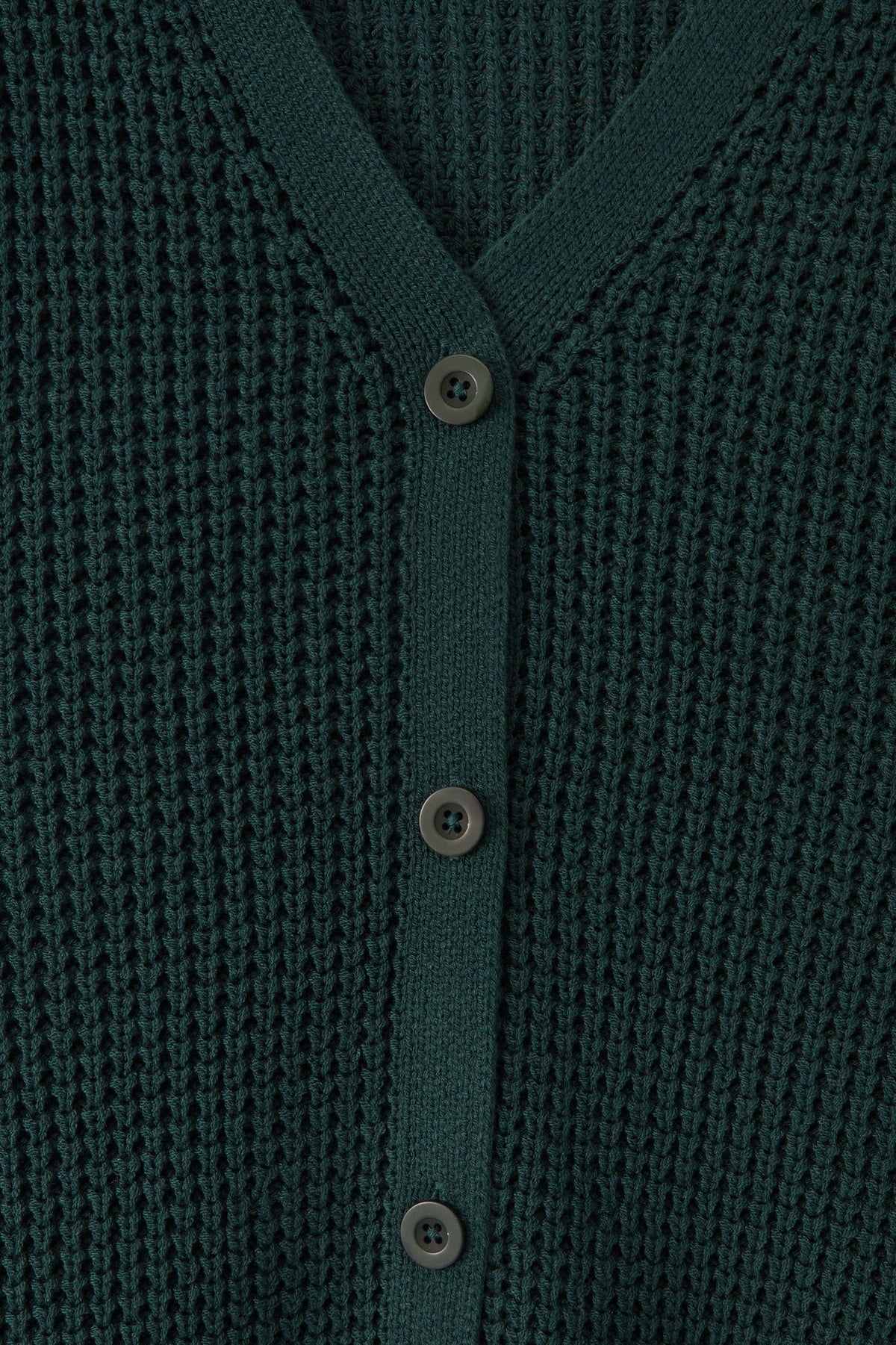 Close-up of a dark green waffle-knit cardigan sweater with a V-neck and three dark buttons.