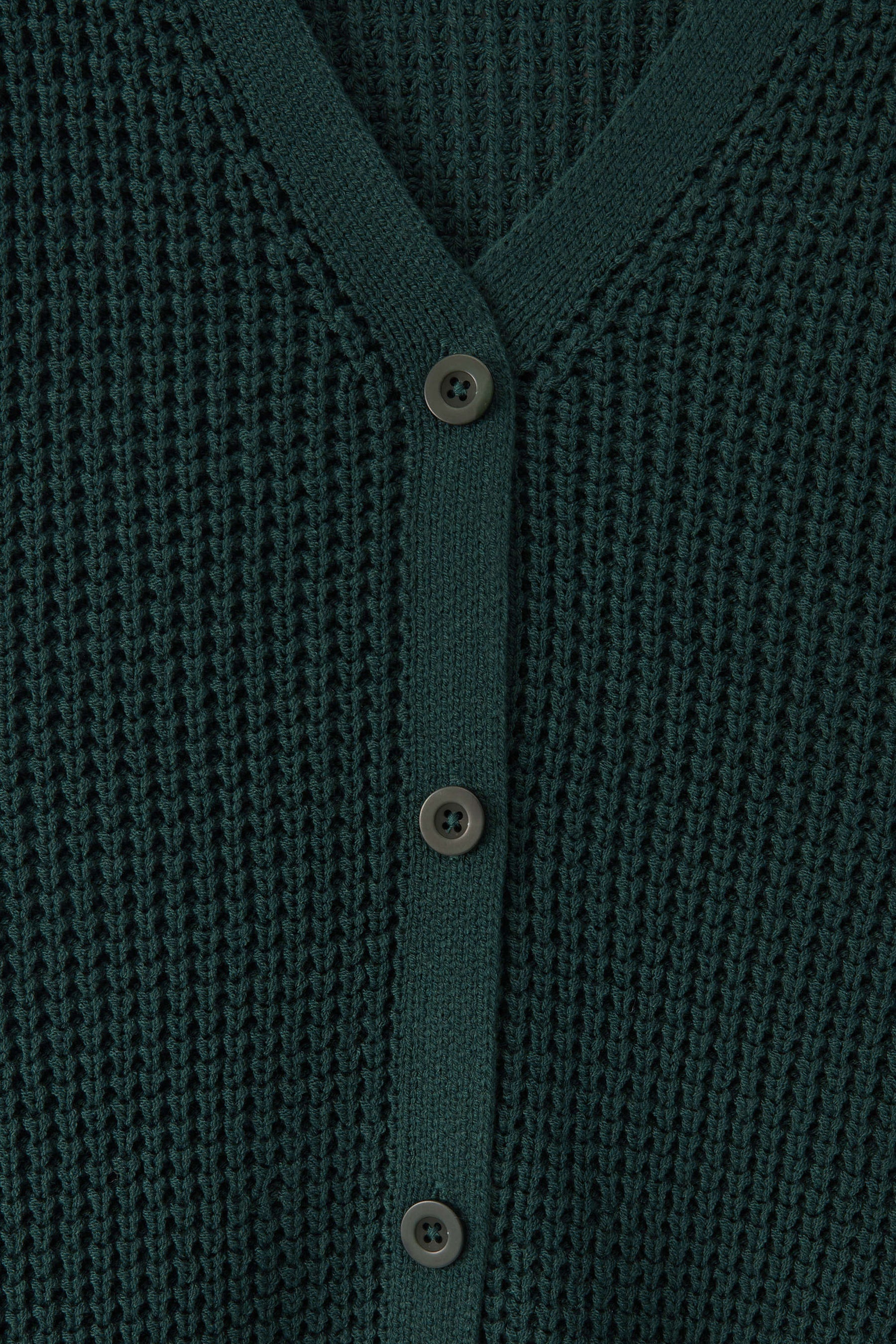 Close-up of a dark green waffle-knit cardigan sweater with a V-neck and three dark buttons.