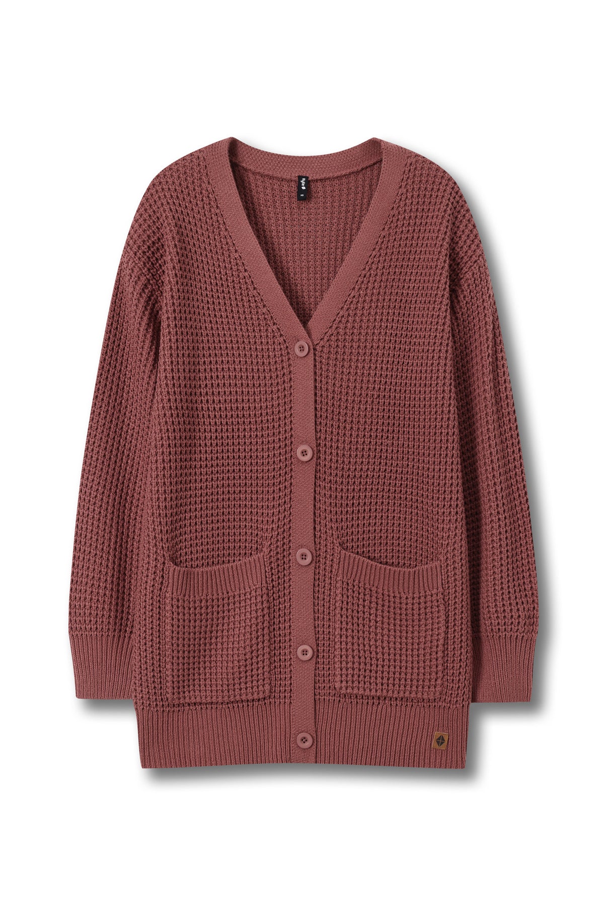 A dusty rose waffle-knit cardigan sweater with a V-neck, button closure, and front pockets, shown flat on a white background.