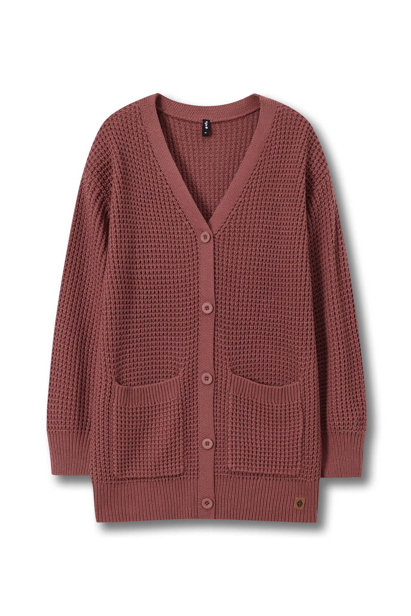 A dusty rose waffle-knit cardigan sweater with a V-neck, button closure, and front pockets, shown flat on a white background.