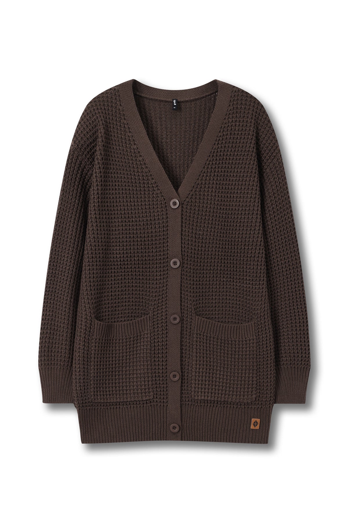 A dark brown waffle-knit cardigan sweater with a V-neck, button closure, and front pockets, shown on a plain white background.