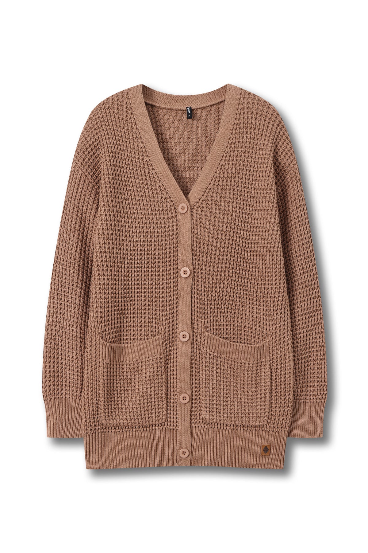 A waffle-knit cardigan sweater in a warm taupe-brown color, featuring a V-neck, button closure, and two front patch pockets, shown against a plain white background.