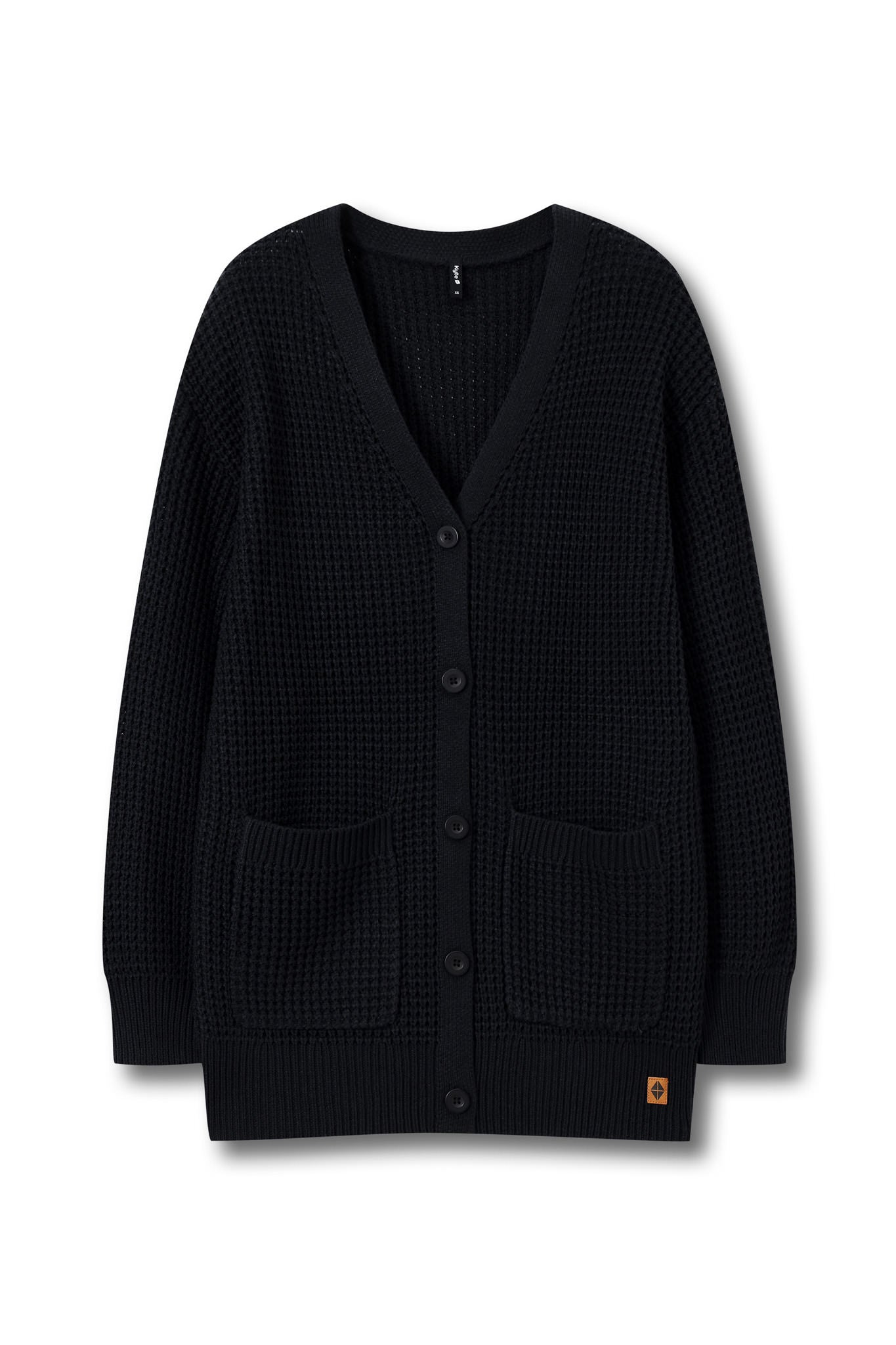 A black waffle-knit cardigan sweater with a V-neck, front button closure, and two front patch pockets, shown flat against a white background.