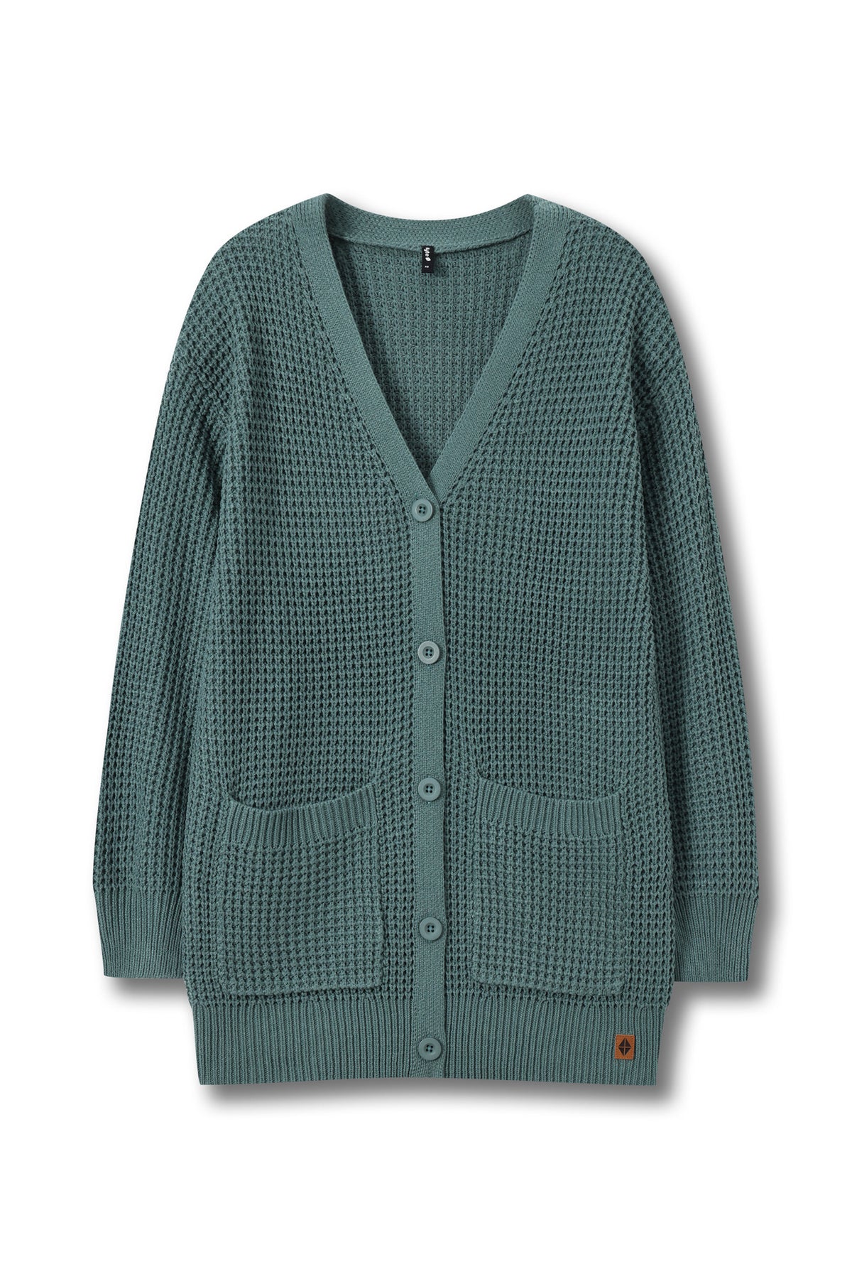 A textured waffle-knit cardigan sweater in a muted teal green color, featuring a V-neck, button closure, and two front patch pockets, shown against a plain white background.
