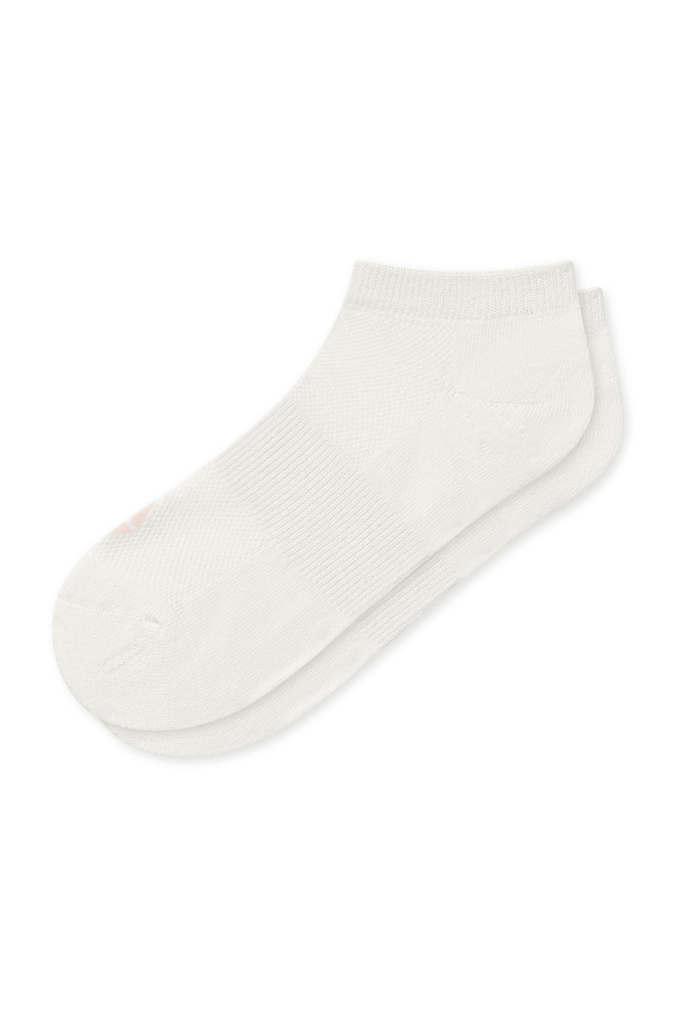 A pair of low-cut white women's ankle socks shown on a white background.