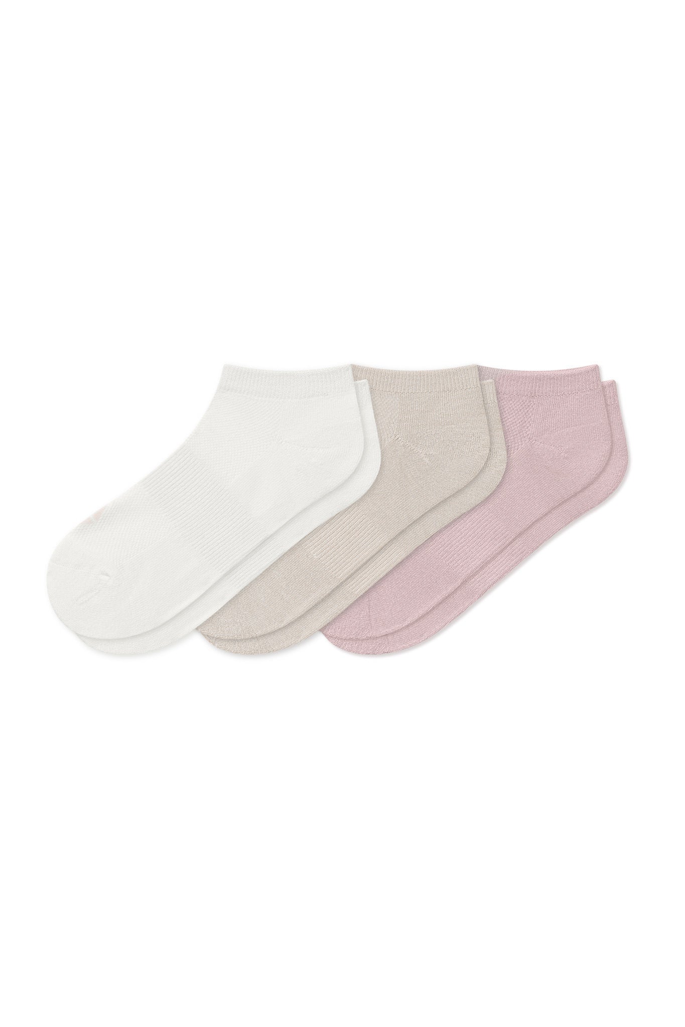 Women's Ankle Socks 3-Pack in Cloud, Blush, and Oat  laying flat on a white background.