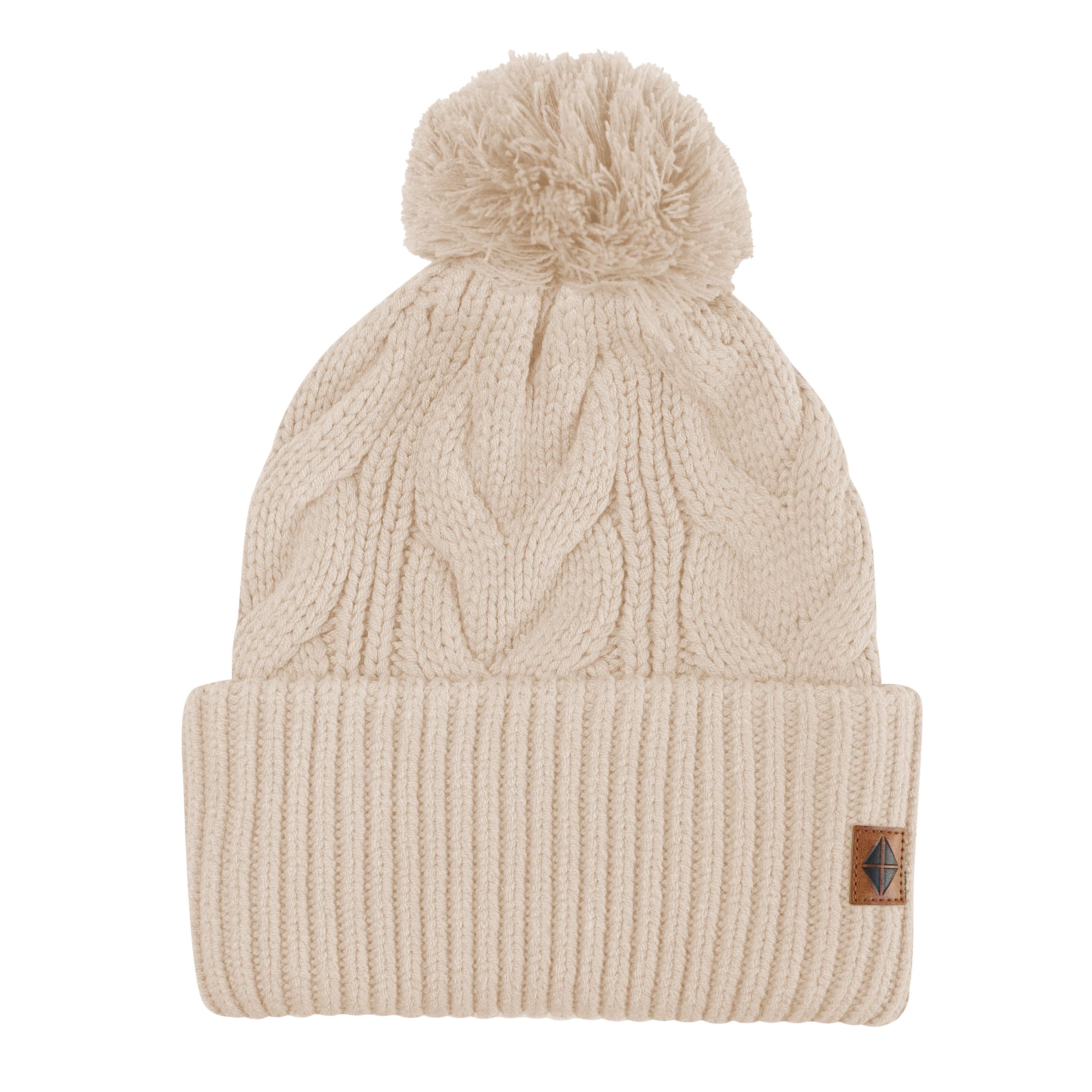 Product photo of the Cable Knit Adult Pom Beanie in Almond