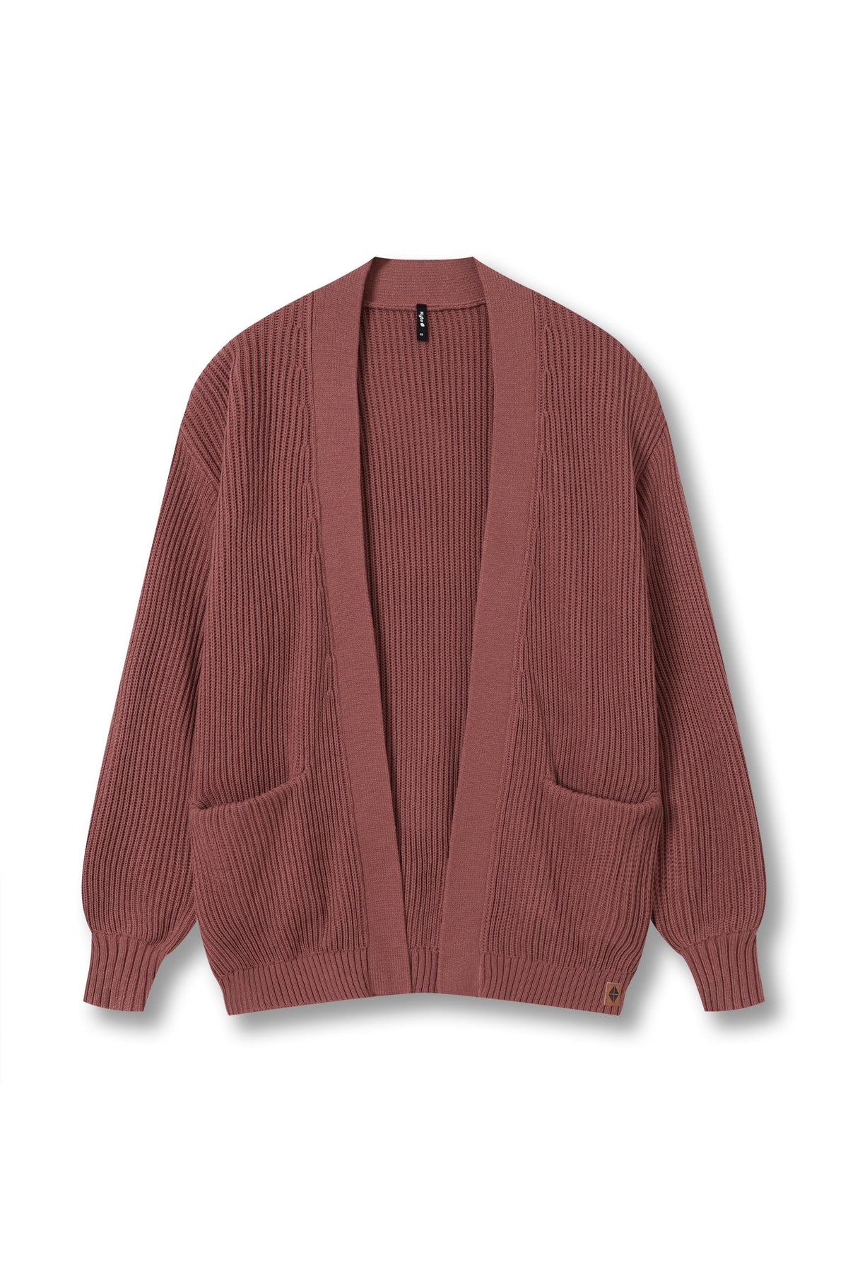 A ribbed open-front cardigan sweater in a dusty rose or mauve color, featuring long sleeves, ribbed cuffs and hem, and two front patch pockets, shown against a plain white background.