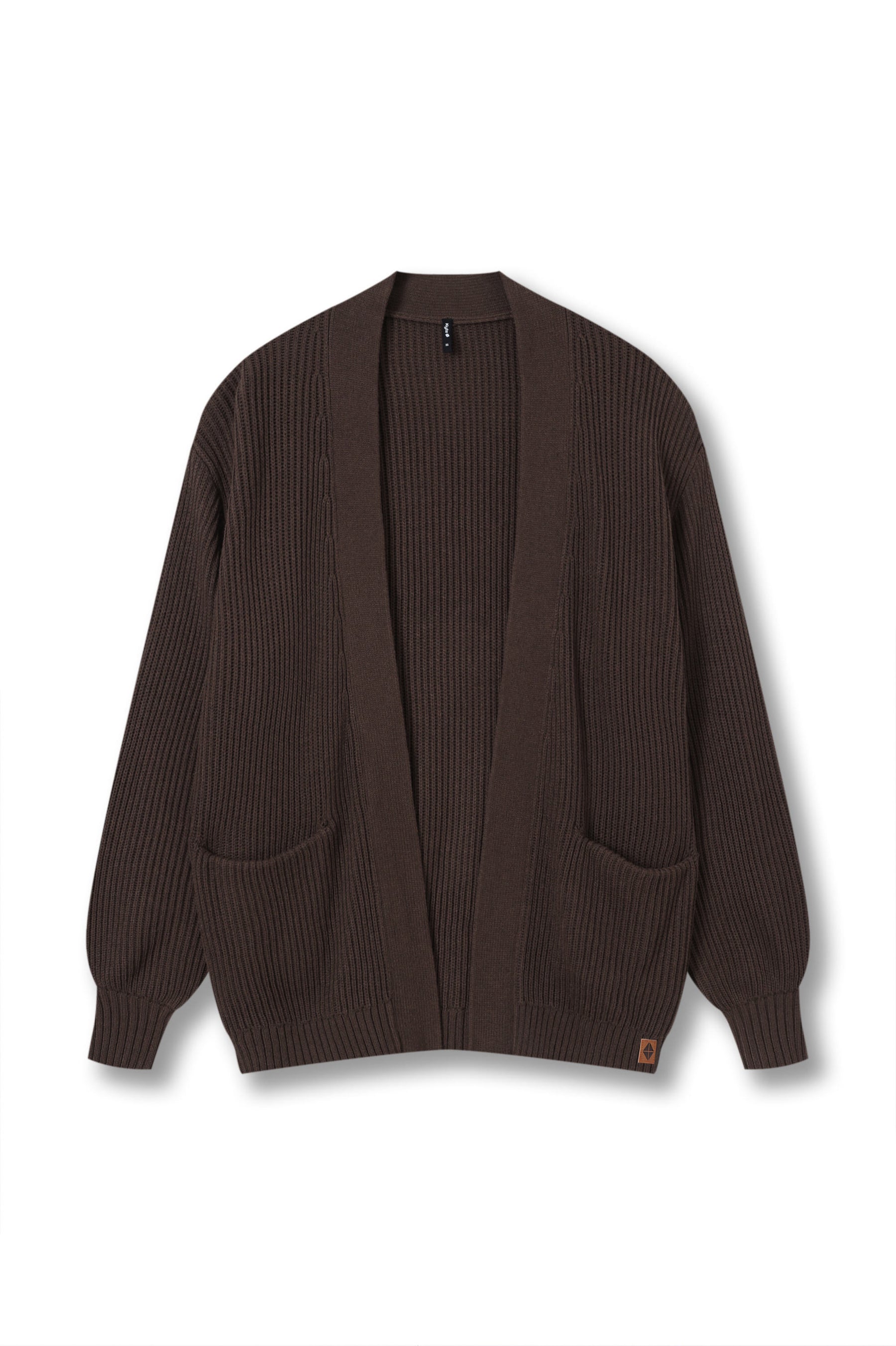 A dark brown ribbed knit cardigan sweater with a relaxed fit, long sleeves, and two front patch pockets, shown flat against a white background.
