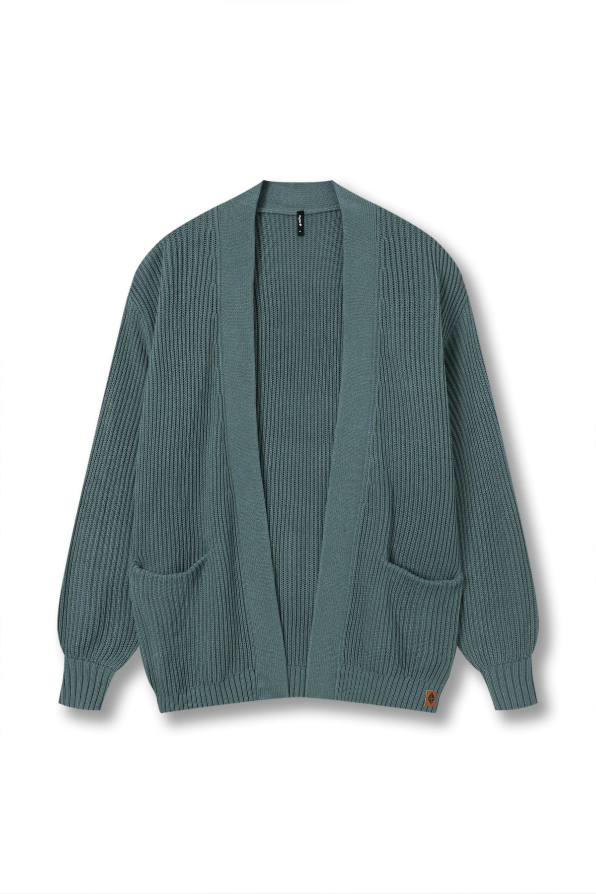 A muted teal-green ribbed knit cardigan sweater with a wide collar, long sleeves, and two front patch pockets, shown flat against a white background.