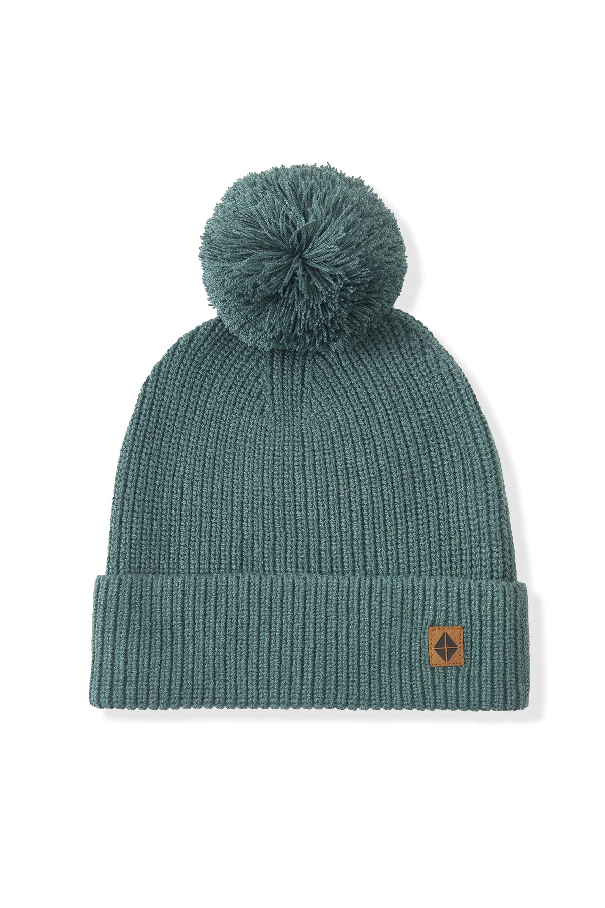 Green knit beanie with pom on a white background