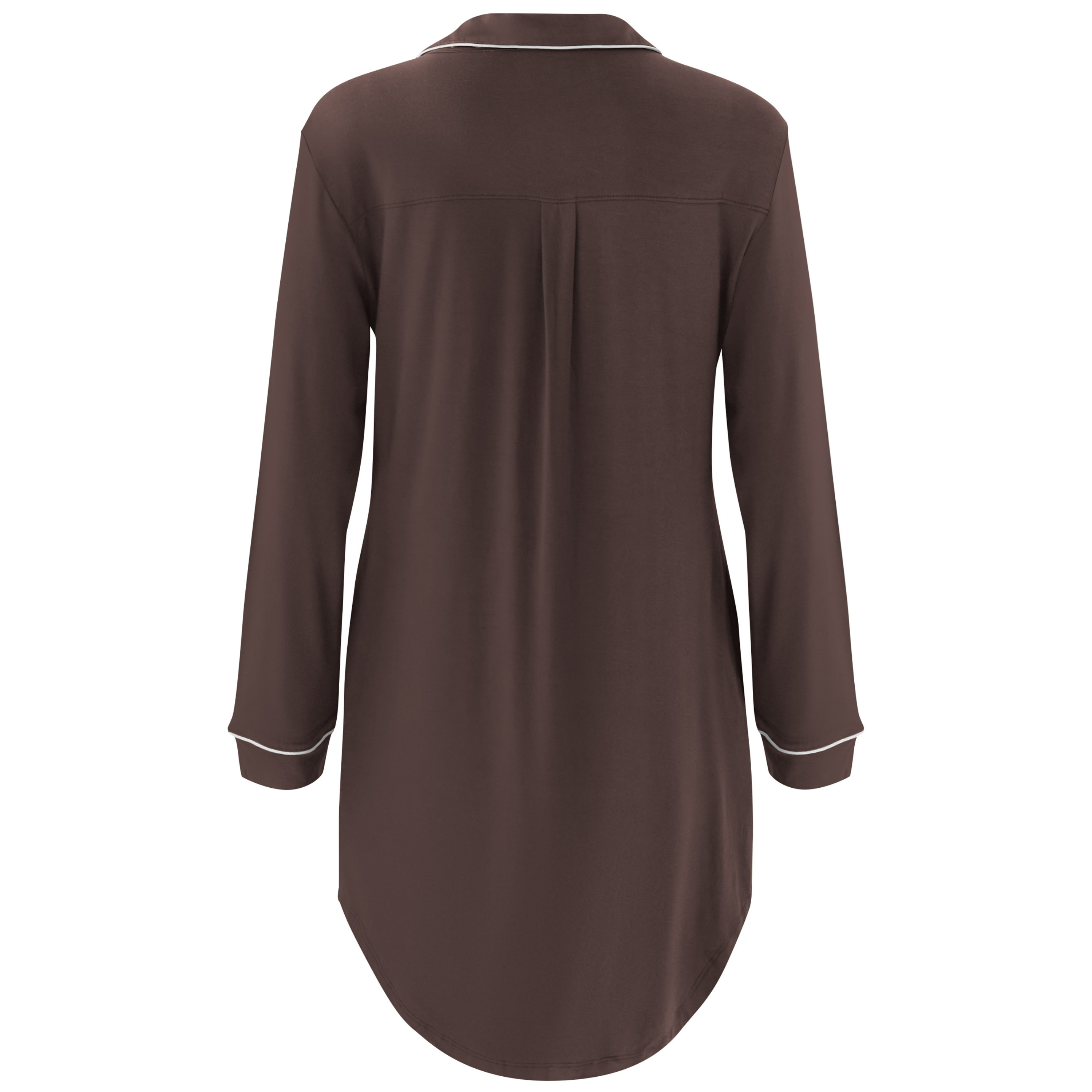 Brown night shirt with white trim on a white background
