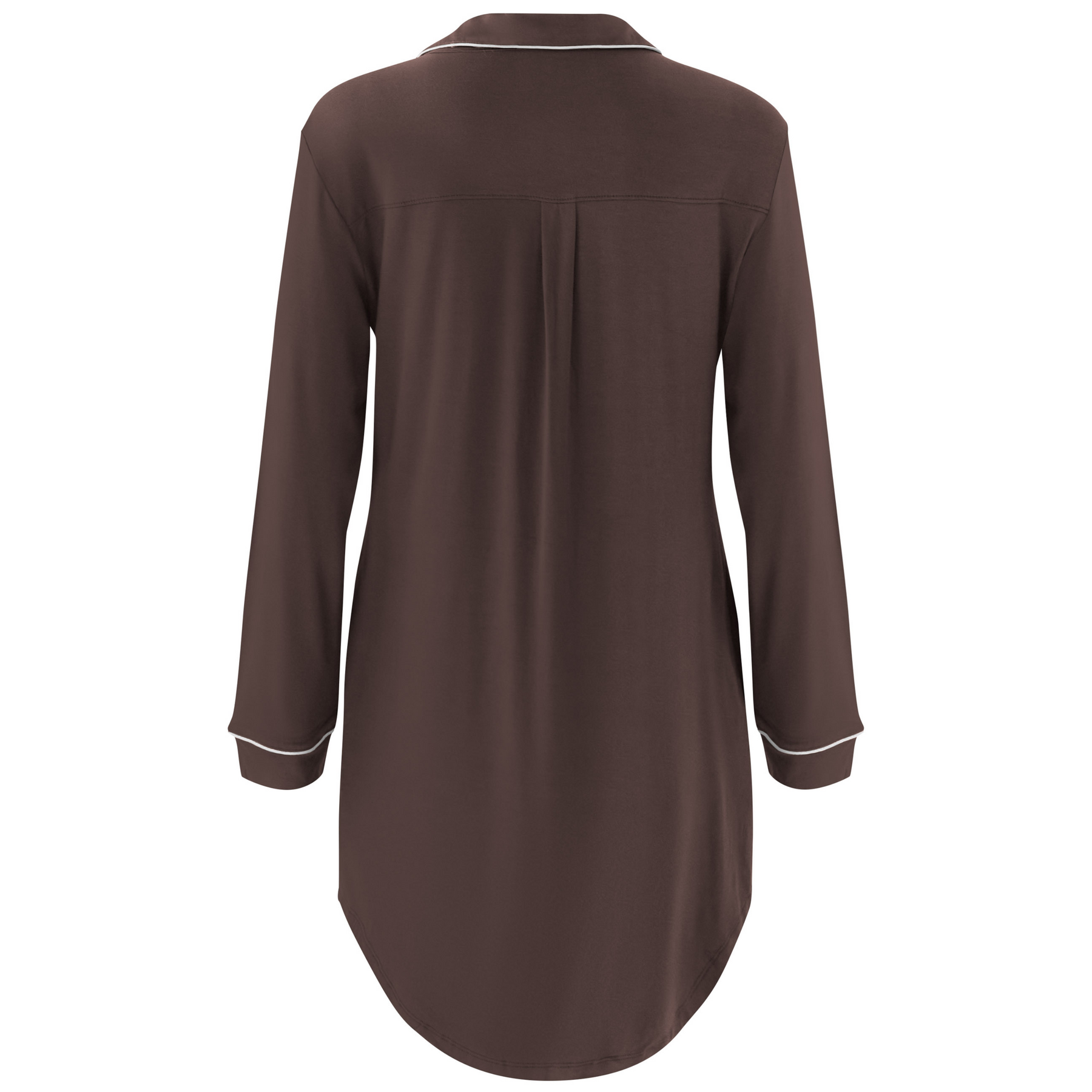 Brown night shirt with white trim on a white background