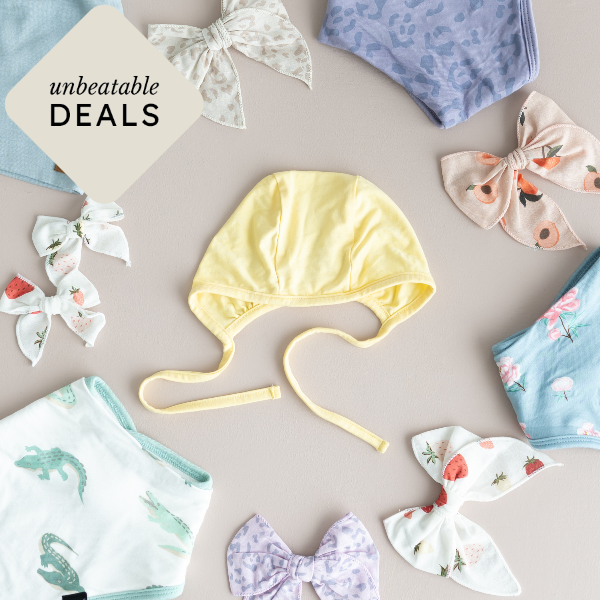 flat lay of accessories with unbeatable deals icon