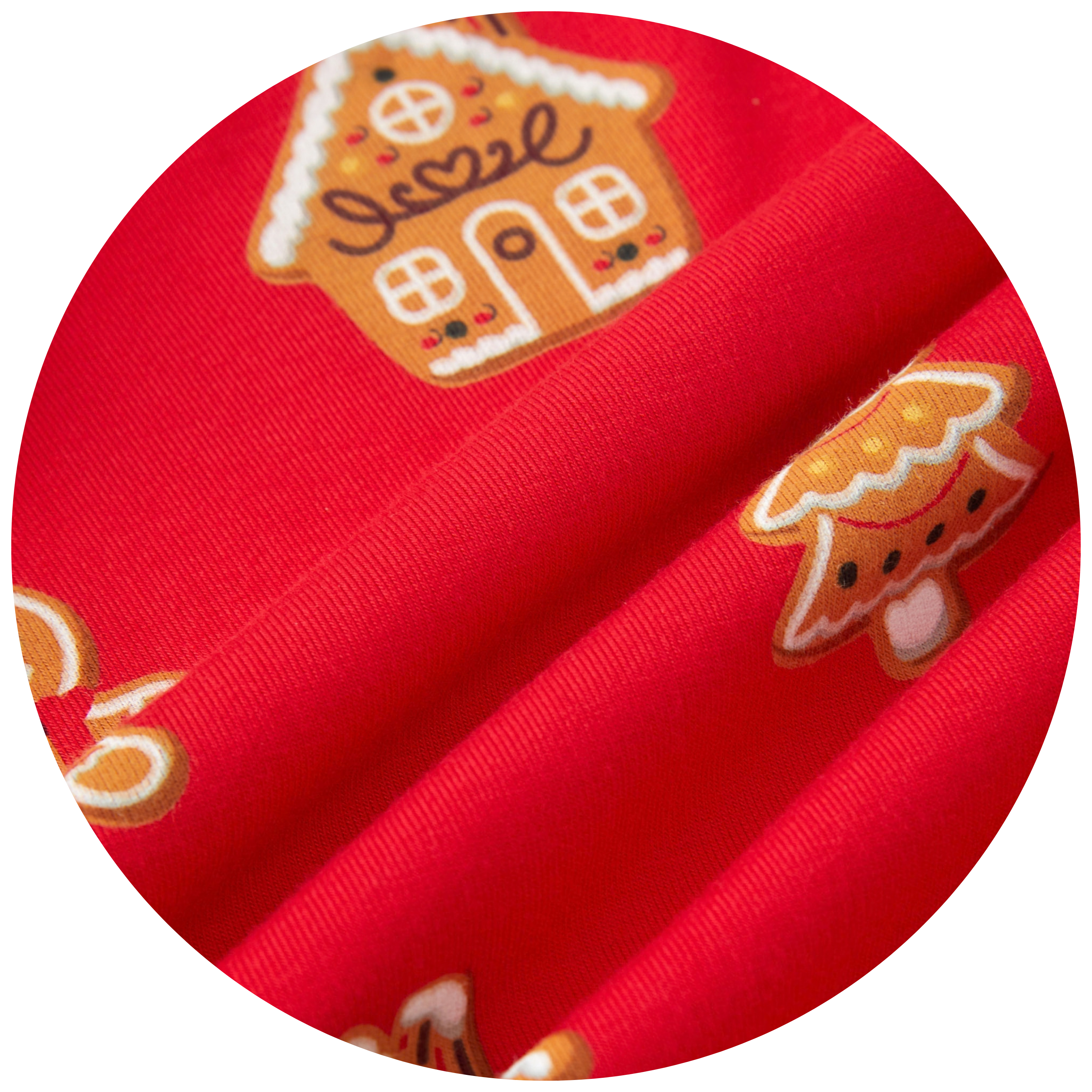 swatch of red fabric with gingerbread cookies 