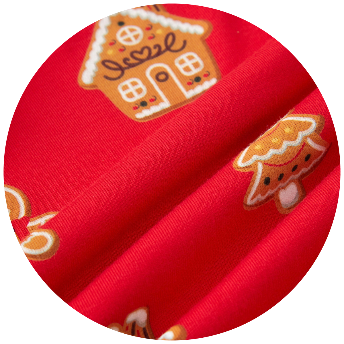swatch of red fabric with gingerbread cookies 