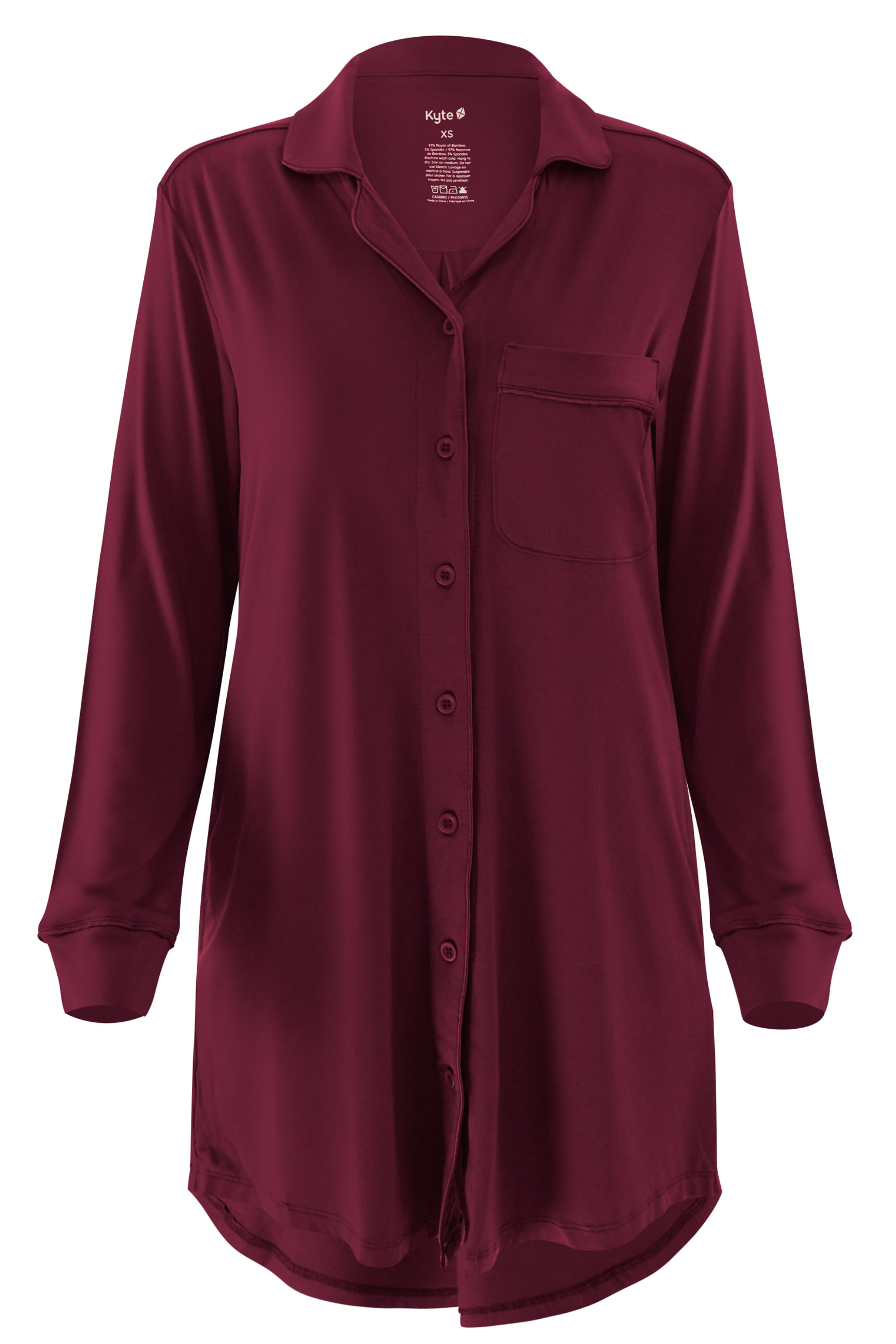 Burgundy night shirt with buttons on a white background