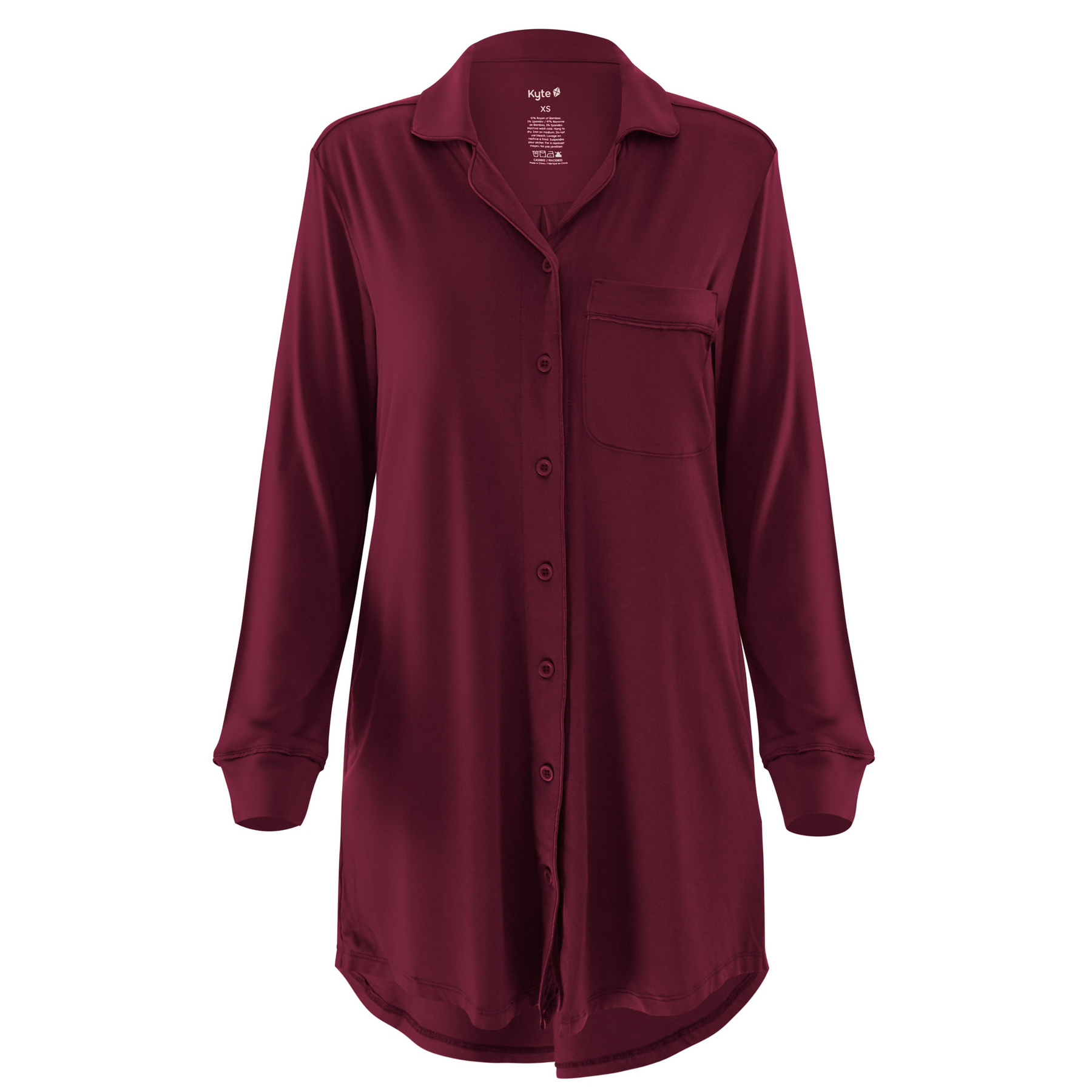 Burgundy night shirt with buttons on a white background