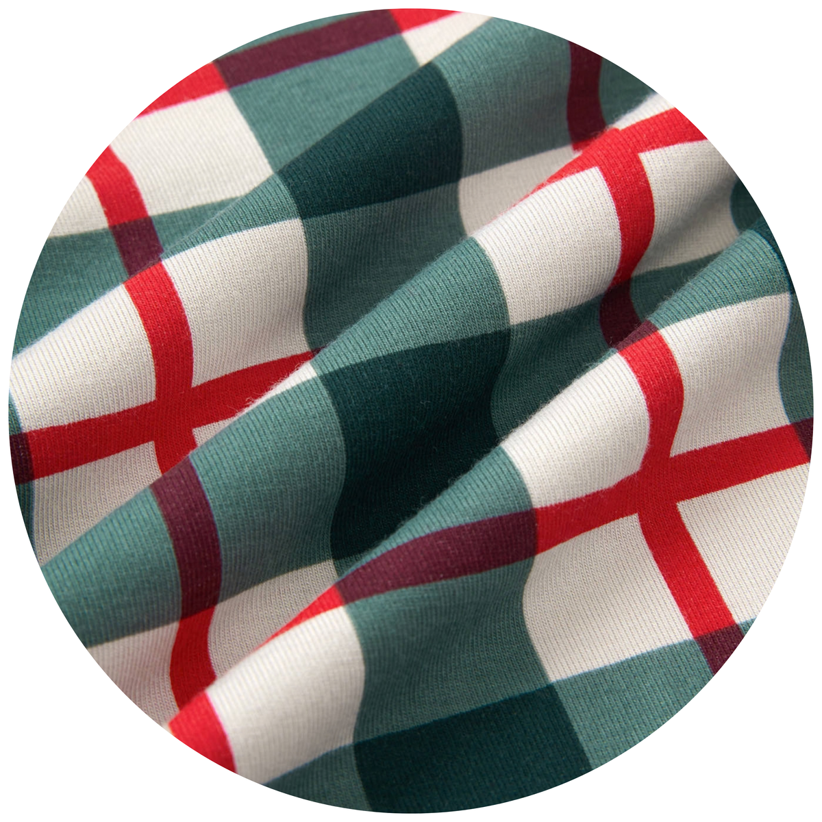 A circular close-up of a plaid fabric pattern with dark green, white, and red stripes, showing the material's texture and folds.