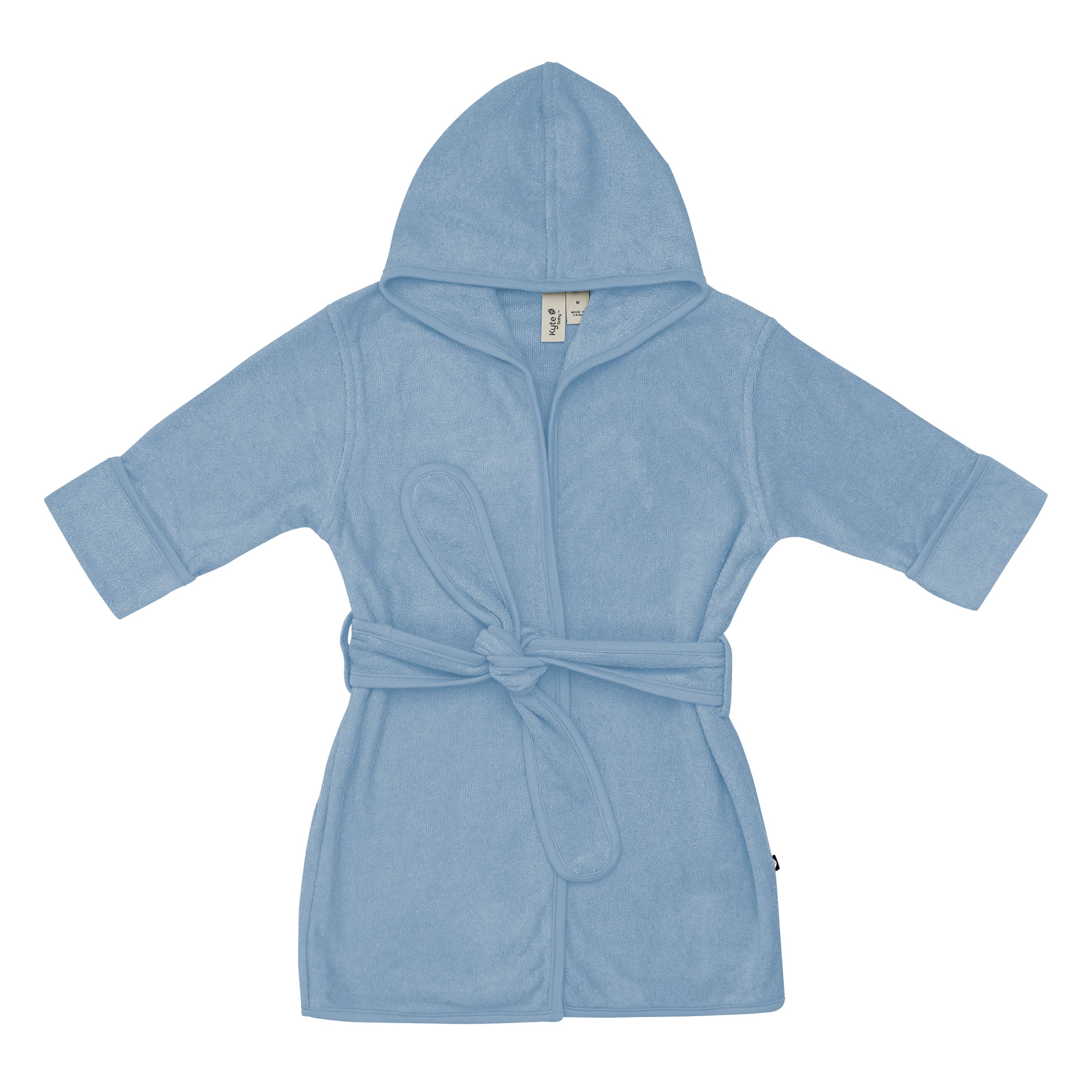 Product photo of the Hooded Bath Robe in Slate shown tied up laying on a white surface
