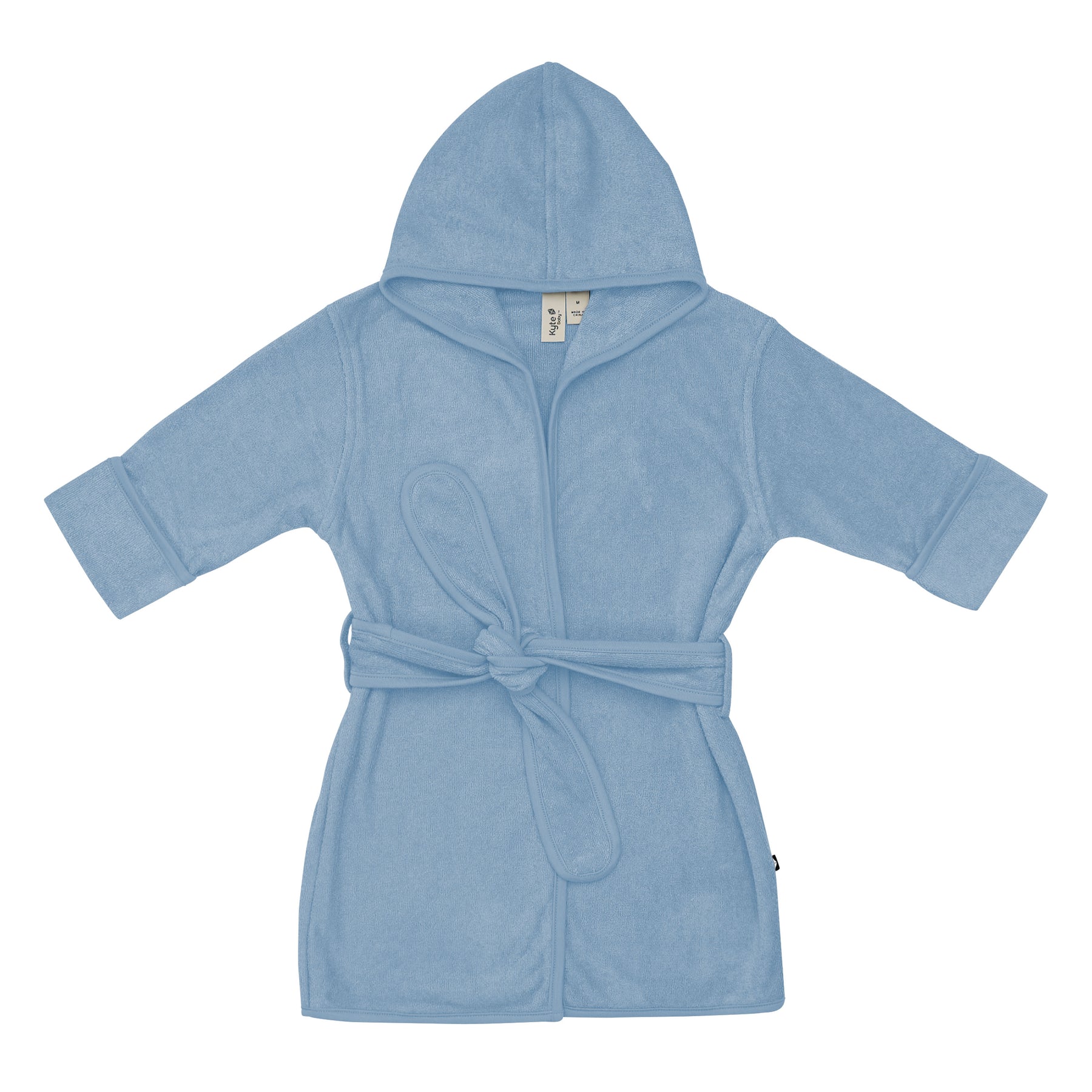 Product photo of the Hooded Bath Robe in Slate shown tied up laying on a white surface
