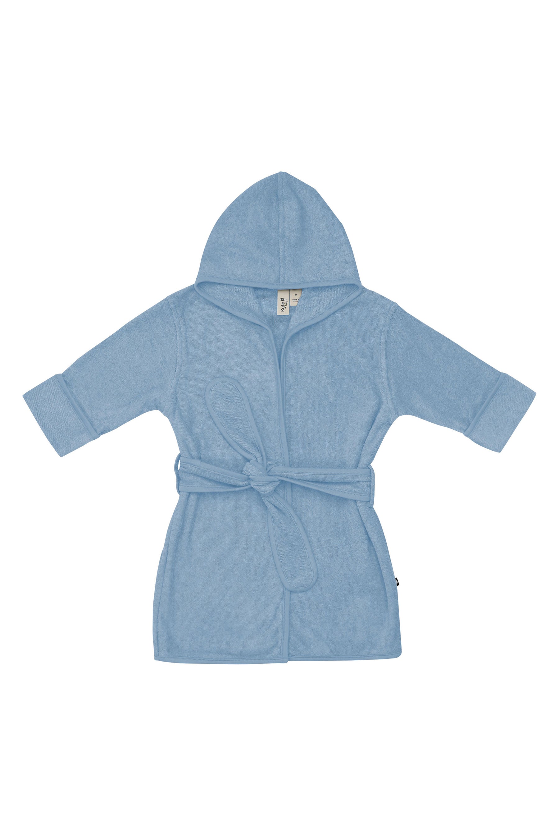 Product photo of the Hooded Bath Robe in Slate shown tied up laying on a white surface