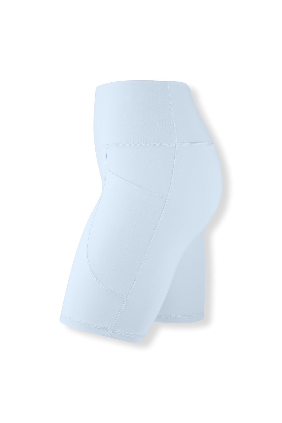 Side view of the Bamboo Flex High Rise Biker Short in Breeze on a ghost mannequin showing the side pocket