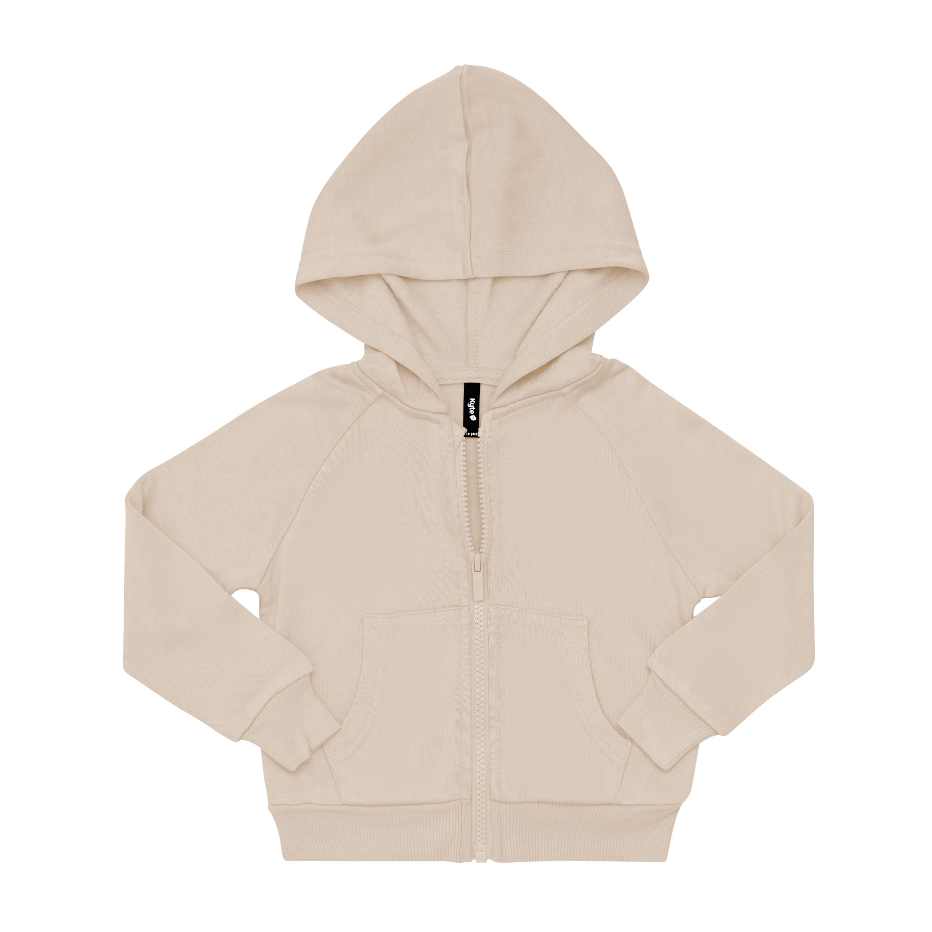 Fleece Zip Up Hoodie in Almond shown unzipped with arms folded inwards