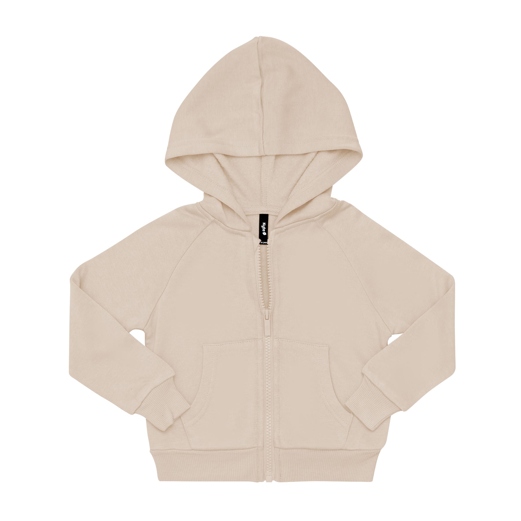 Fleece Zip Up Hoodie in Almond shown unzipped with arms folded inwards