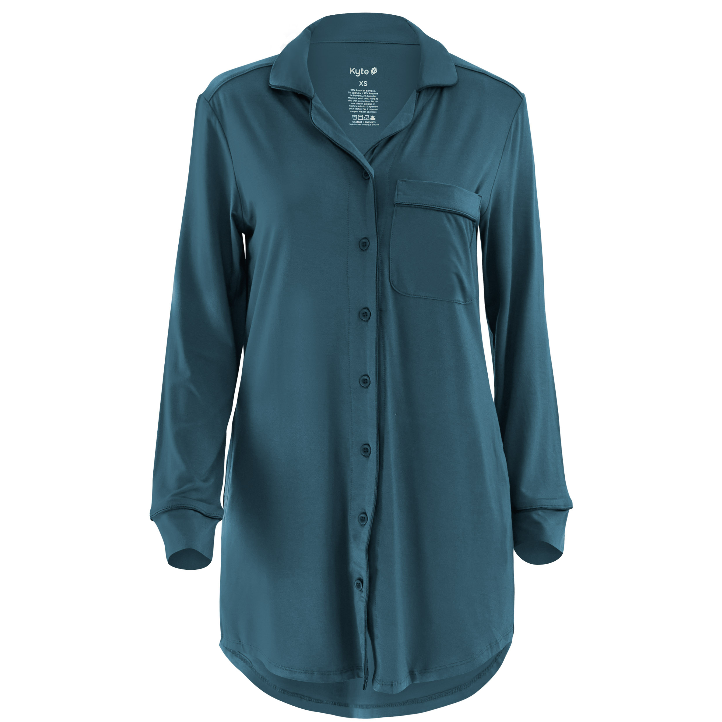 Teal button-up night shirt on a white background