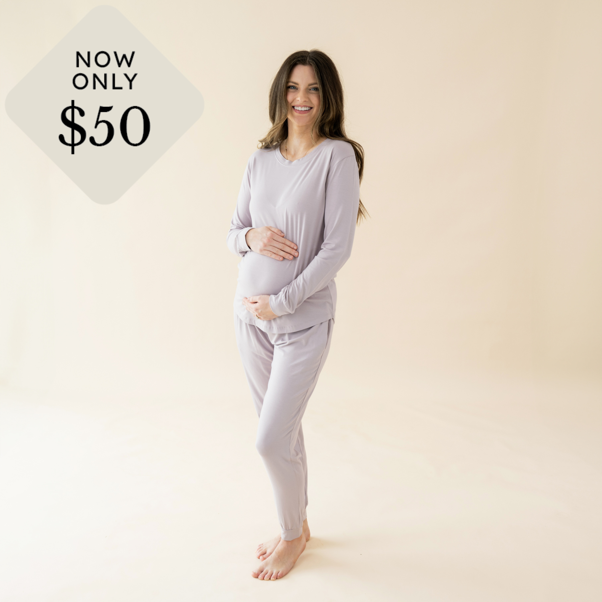 woman in wisteria jogger set with now only $50 icon