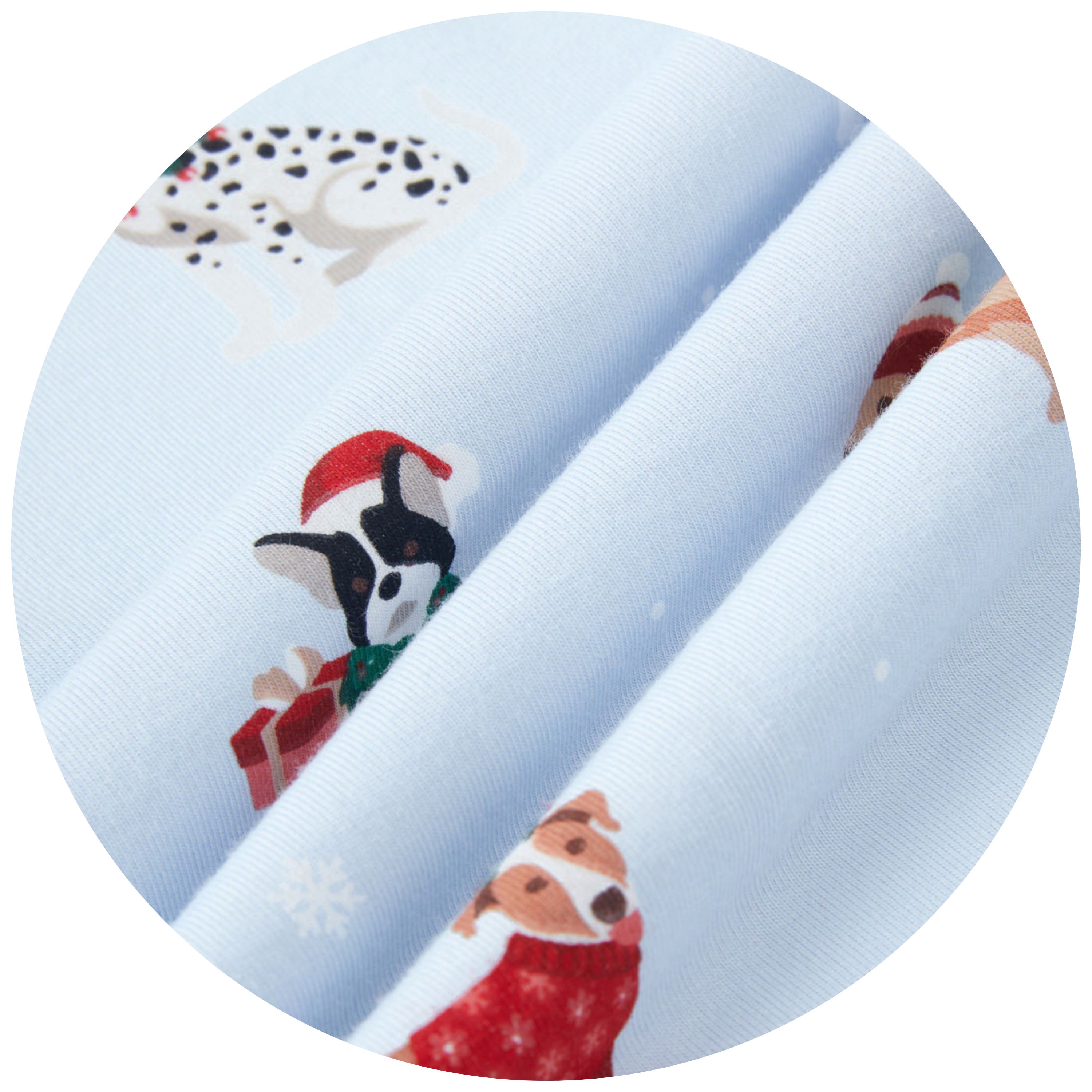 swatch of blue fabric with dogs wearing holiday accessories