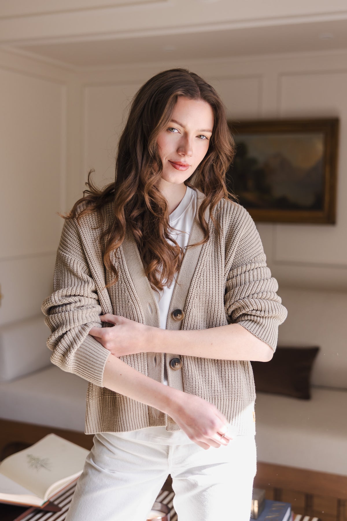 Chunky Knit Women's Cropped Cardigan in Almond