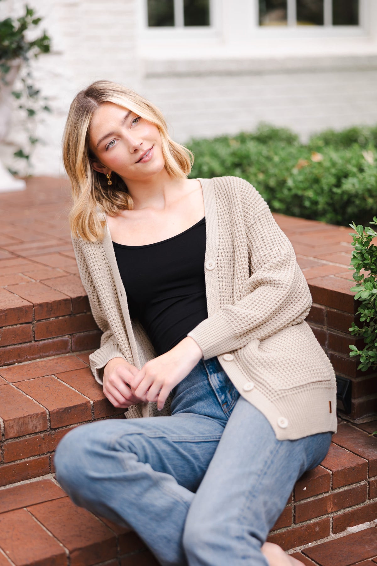 Chunky Knit Women's Waffle Cardigan in Almond