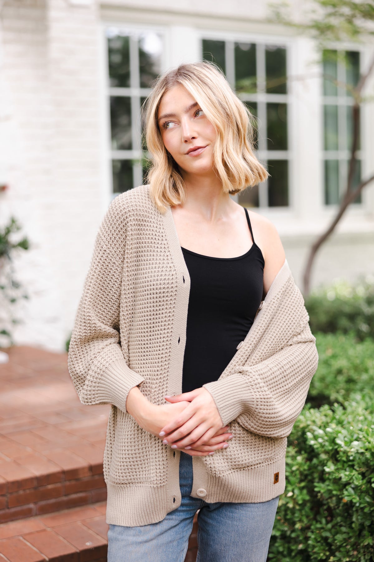 Chunky Knit Women's Waffle Cardigan in Almond