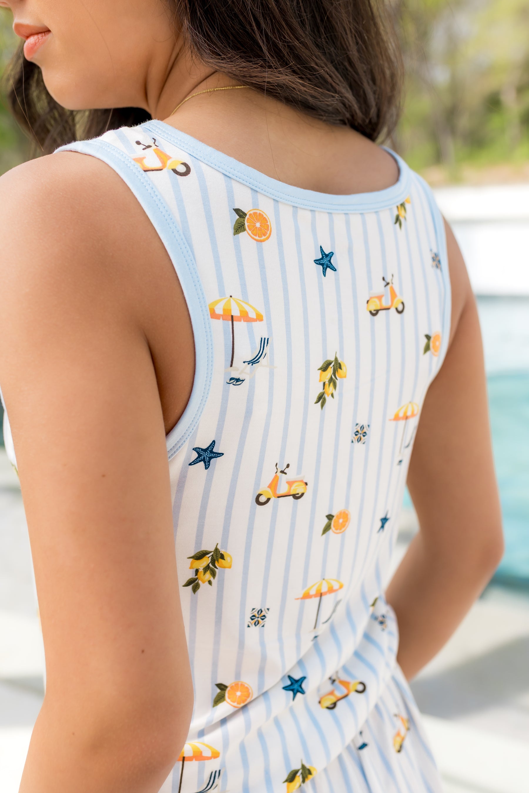 The back of the shirt of the Women's Tank Set in Amalfi Coast shown on a female model