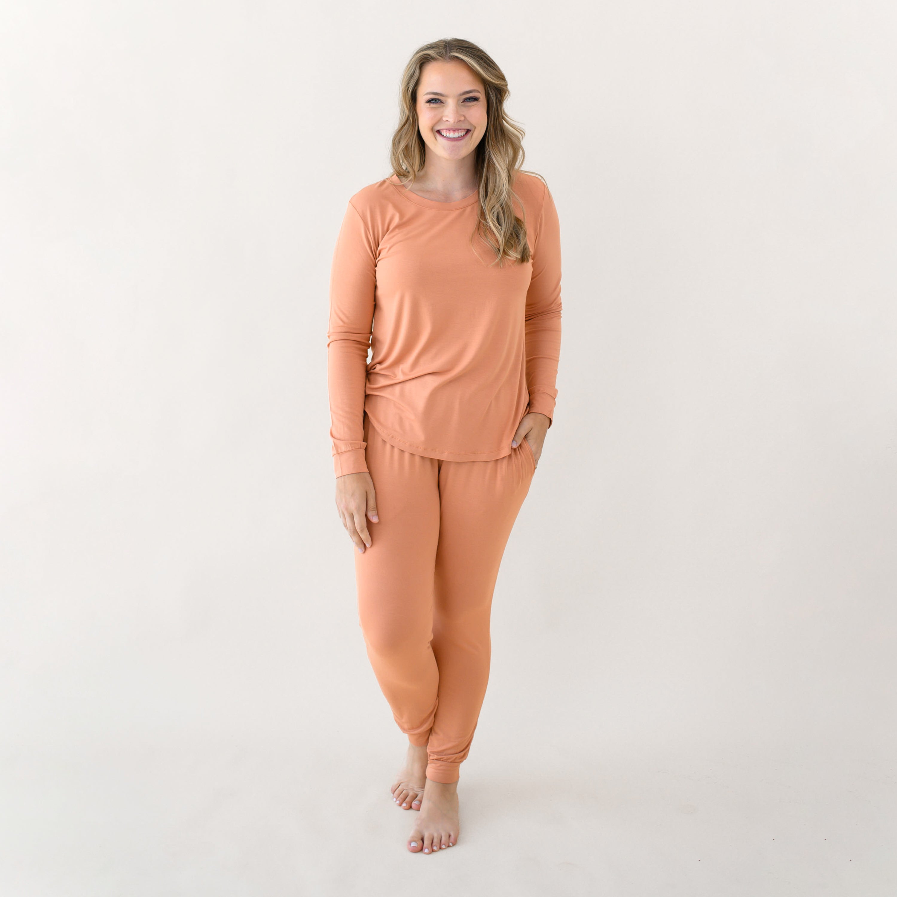 Woman wearing Women's Jogger Pajama Set in Apricot
