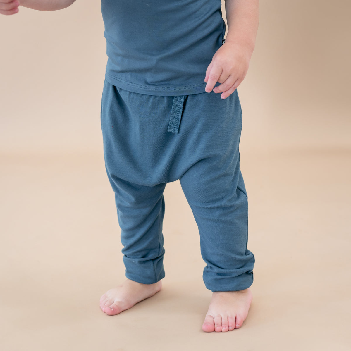 Toddler wearing Bamboo Jersey Harem Pants in Atlantic