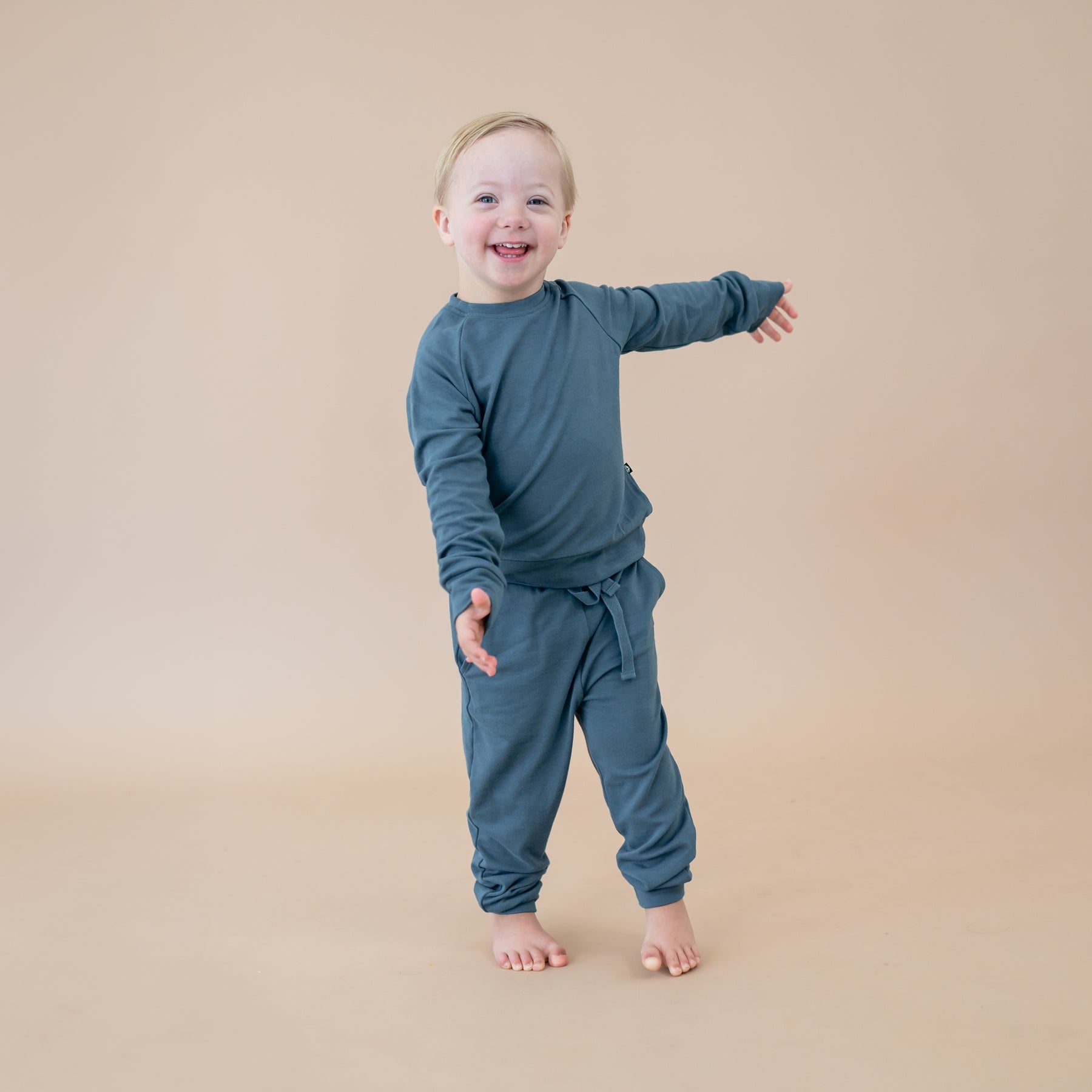 Boy wearing Bamboo Jersey Jogger Set in Atlantic Blue