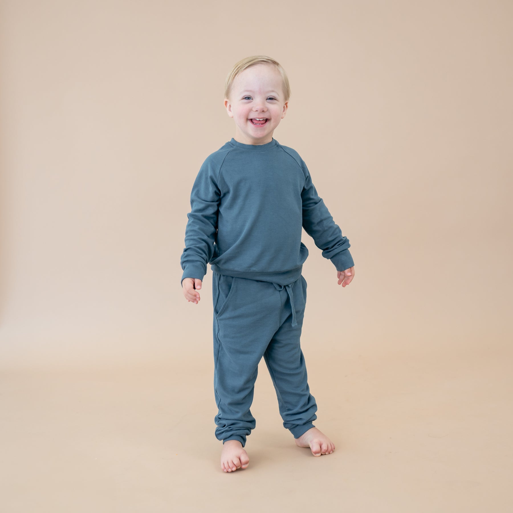 Child wearing Bamboo Jersey Kids Jogger Set in Atlantic