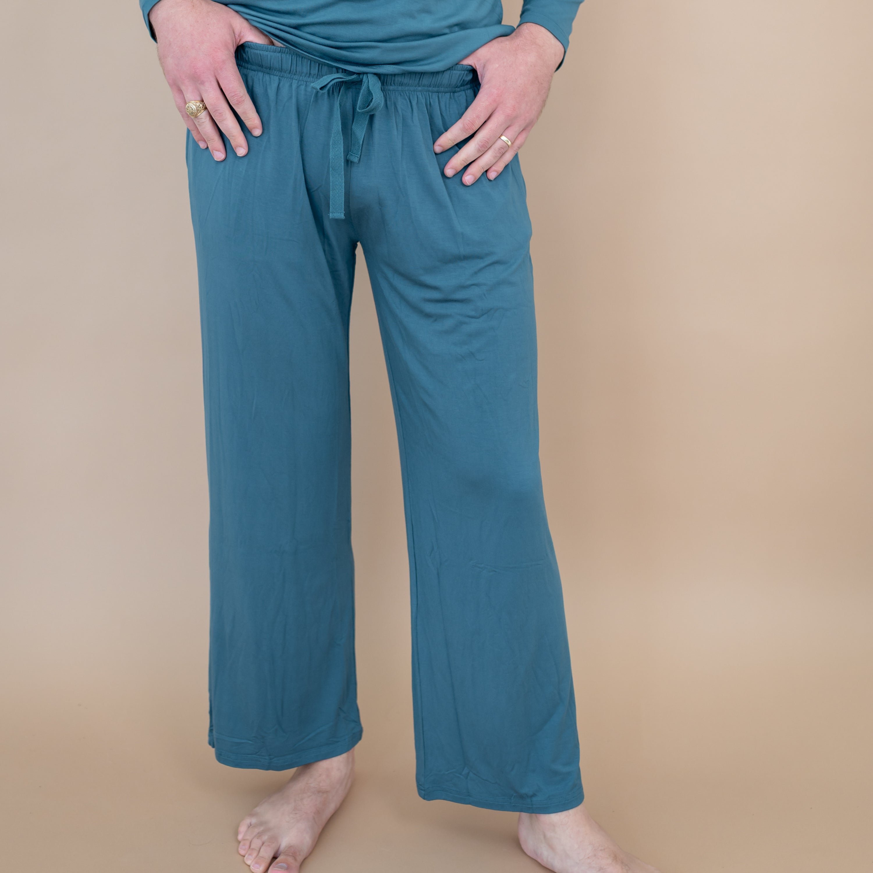Close up of Men's Lounge Pants in Atlantic on a male model