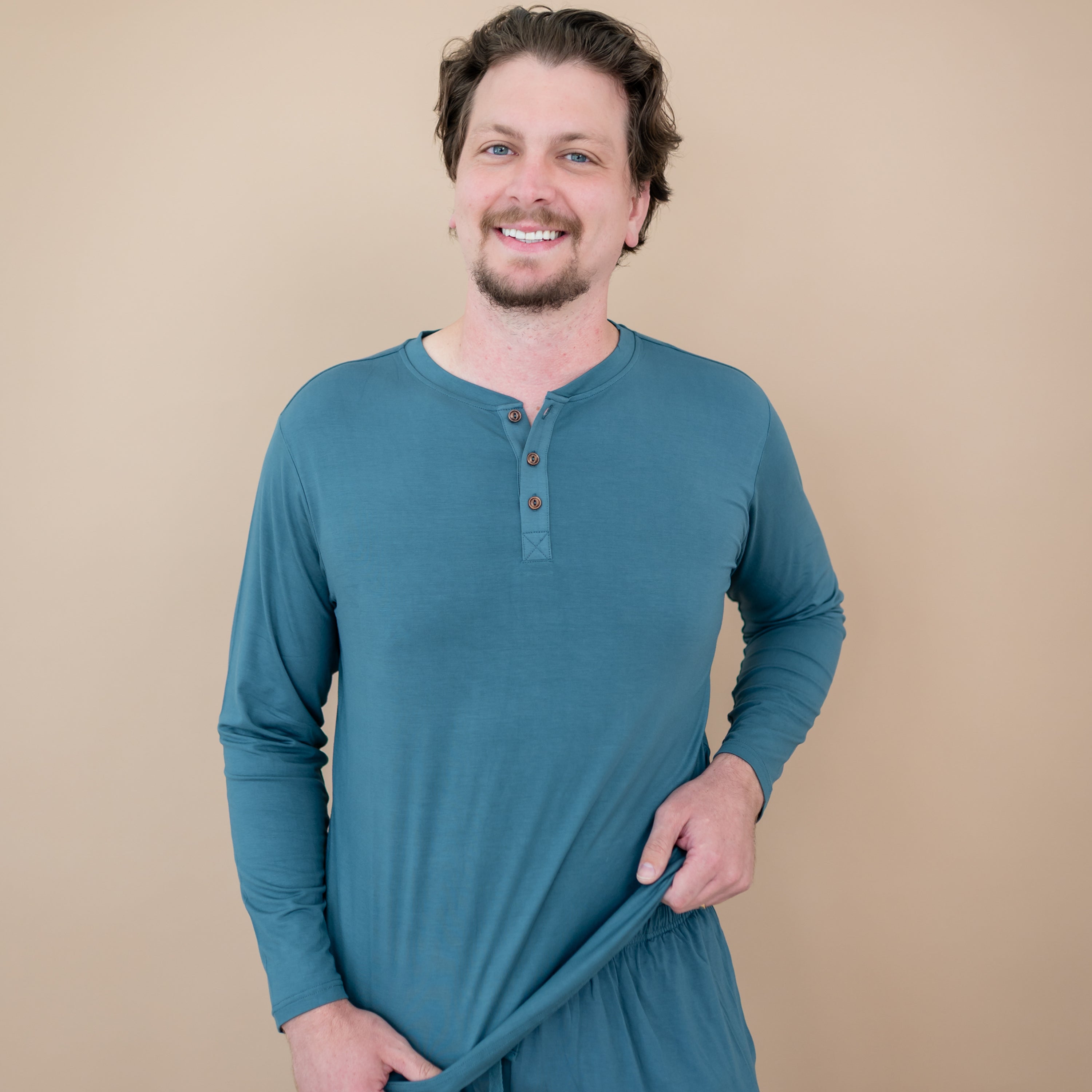 Close up of the Men's Long Sleeve Henley Top in Atlantic