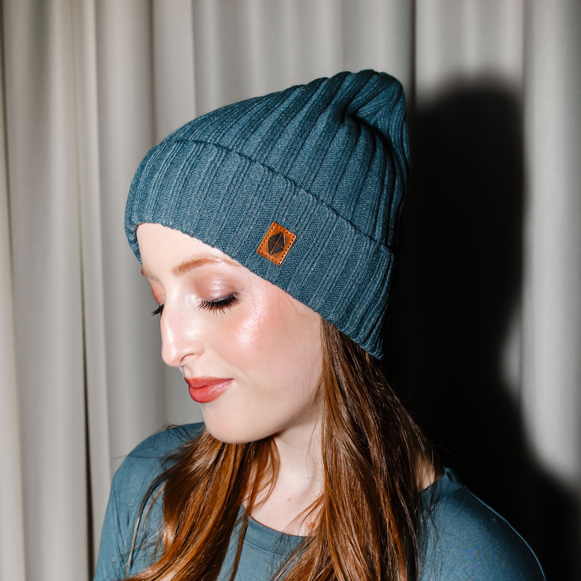 Chunky Knit Adult Ribbed Beanie in Atlantic shown on a model