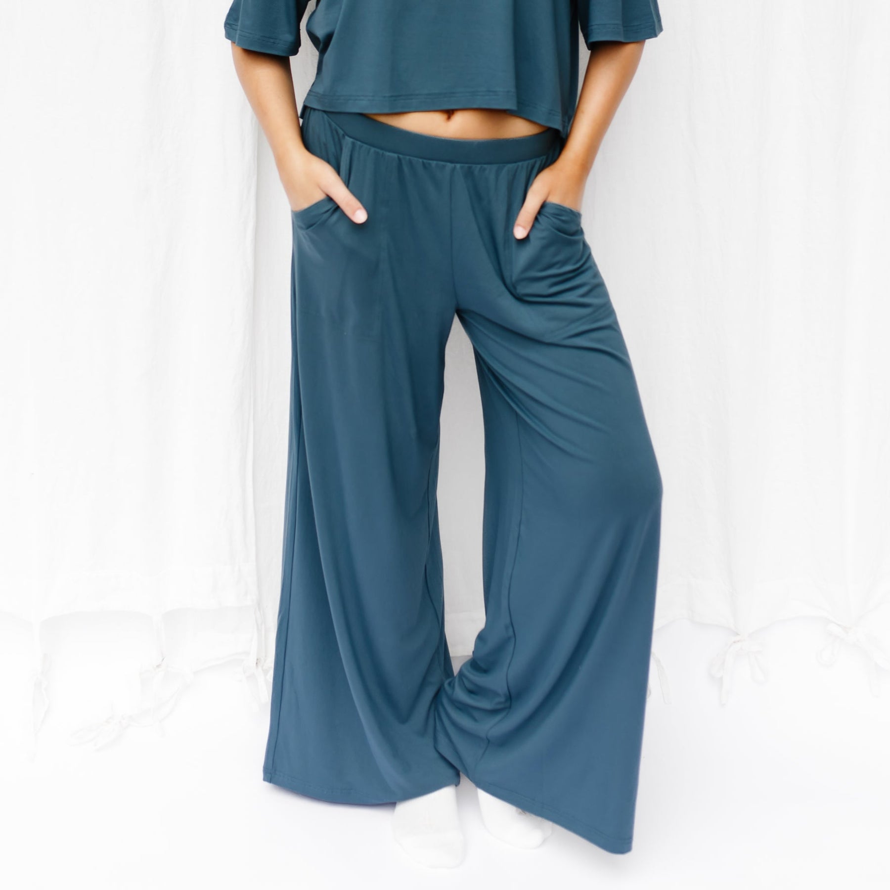 Women's Wide Leg Pant in Atlantic shown on a female model
