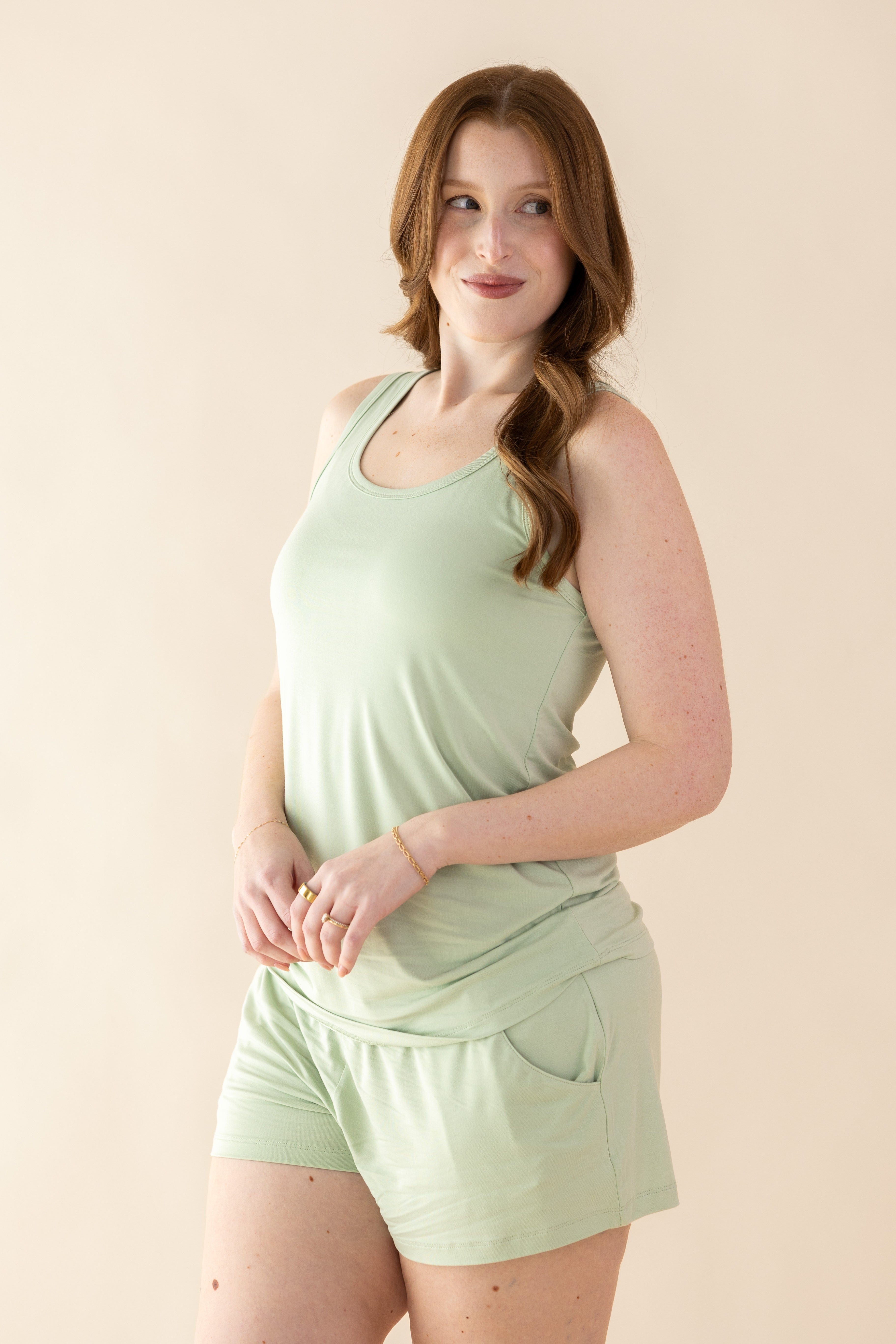 Female modeling the buttery soft Women's Tank Set in Basil